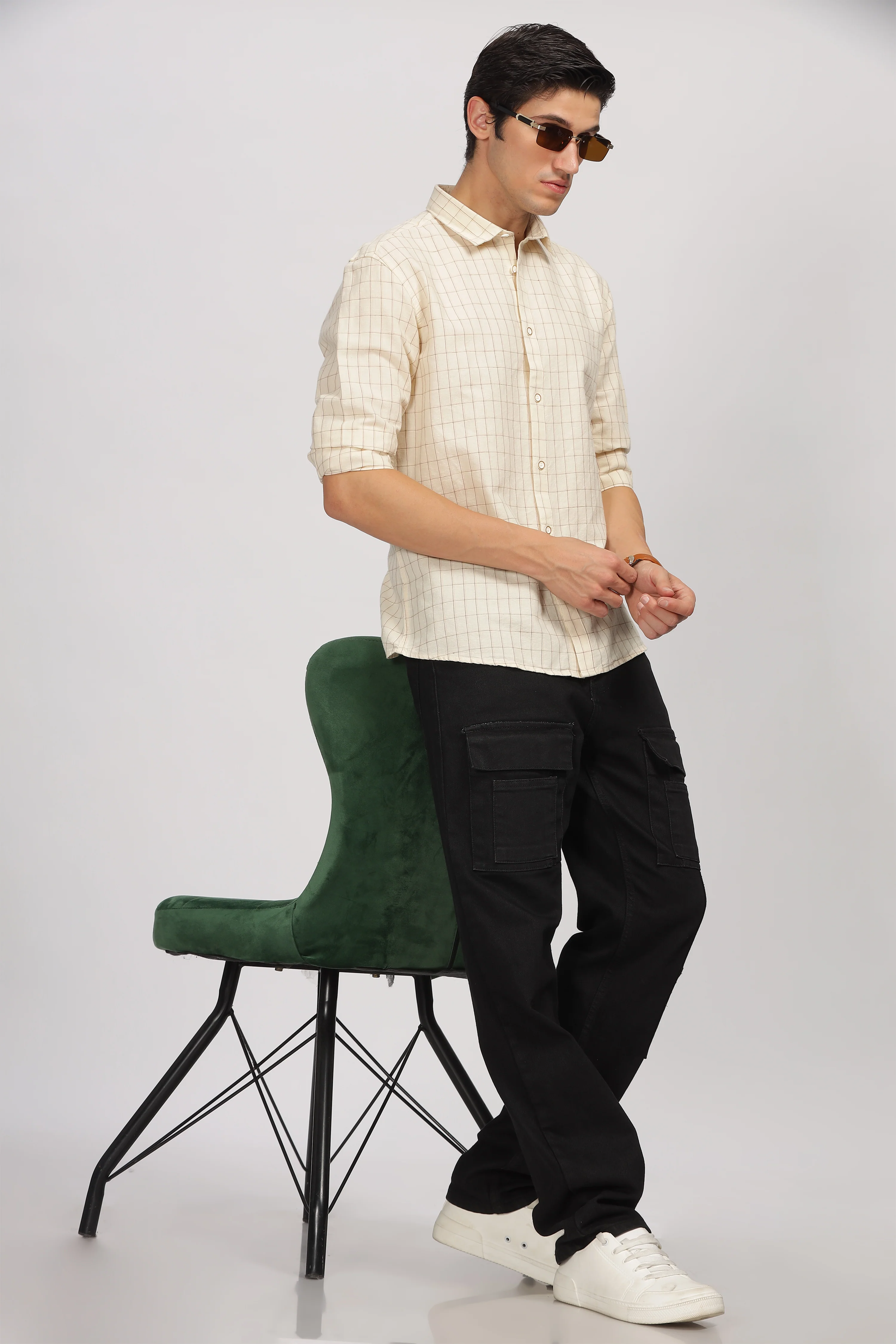 Uri Beige Linen Checked Spread Collar Shirt - Image 10