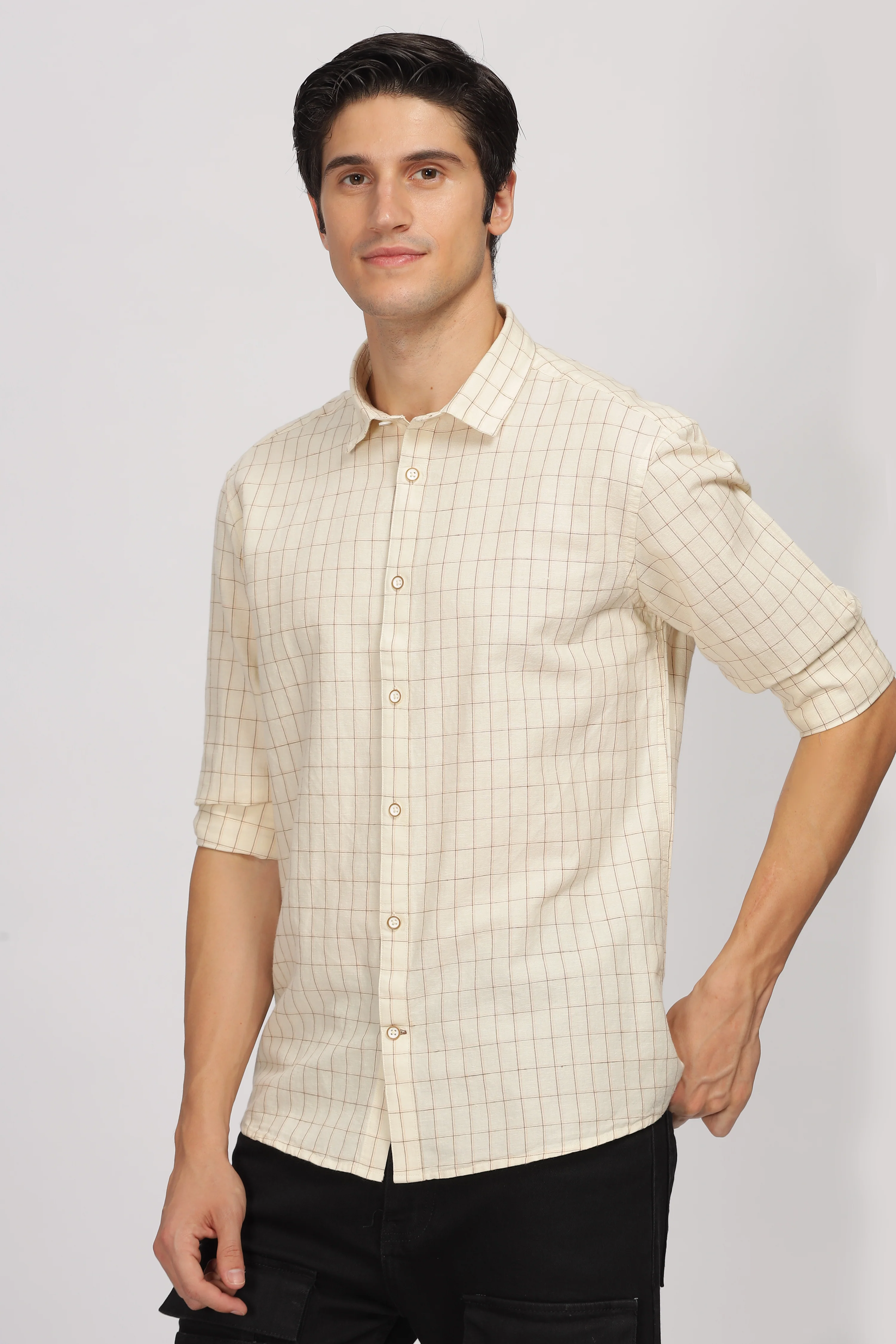 Uri Beige Linen Checked Spread Collar Shirt - Image 11