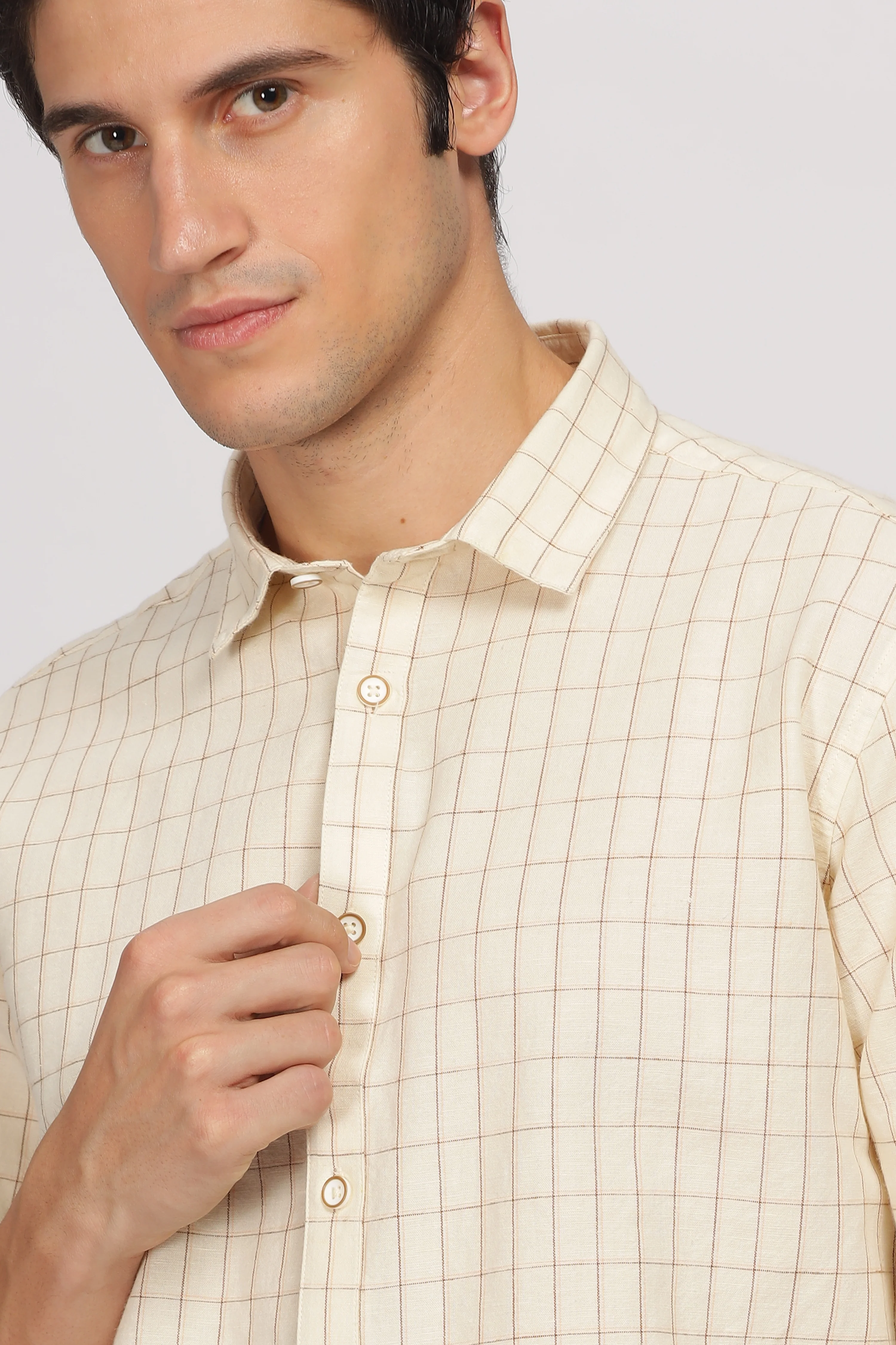 Uri Beige Linen Checked Spread Collar Shirt - Image 12