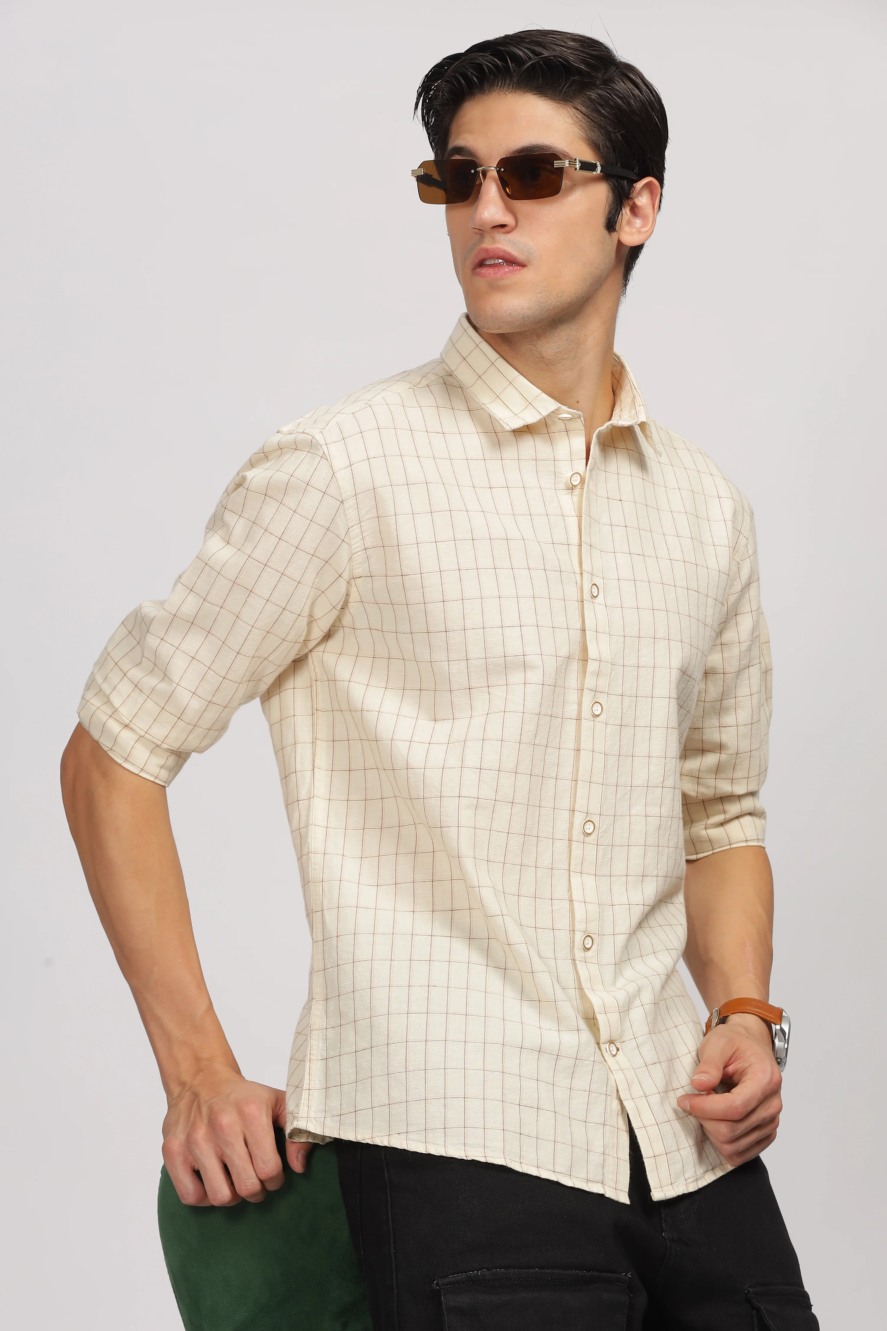 Uri Beige Linen Checked Spread Collar Shirt - Image 2