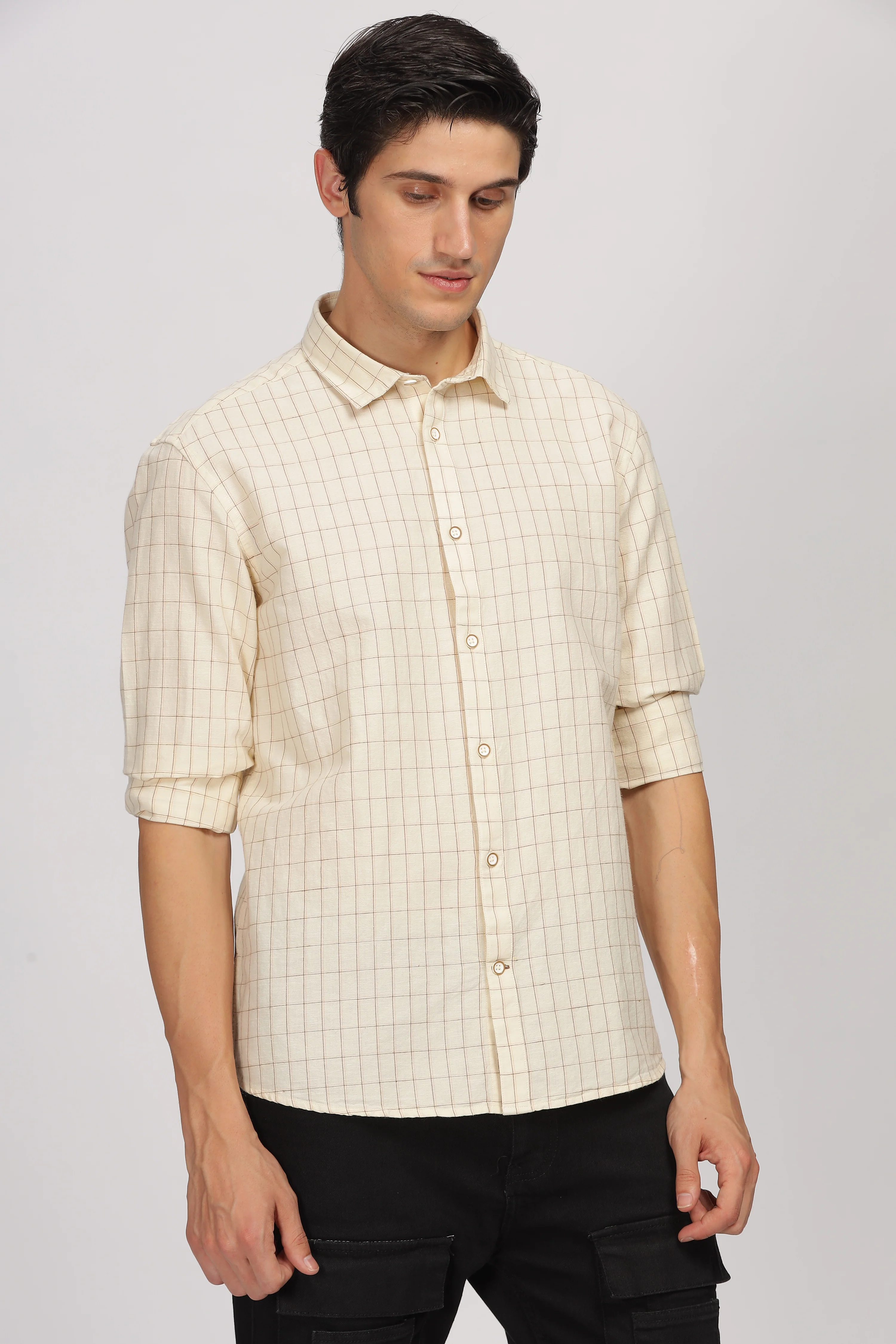 Uri Beige Linen Checked Spread Collar Shirt - Image 3