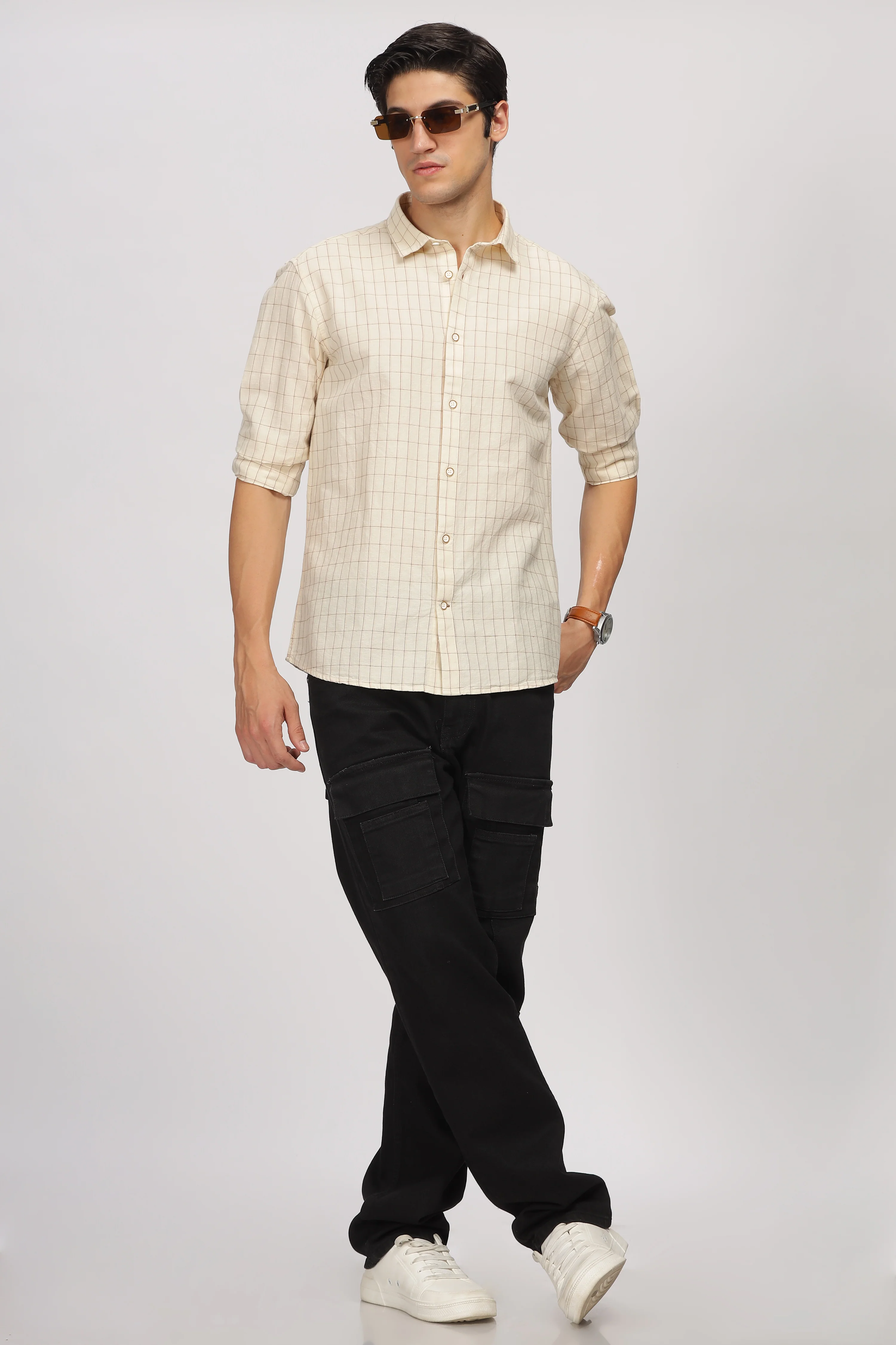 Uri Beige Linen Checked Spread Collar Shirt - Image 5