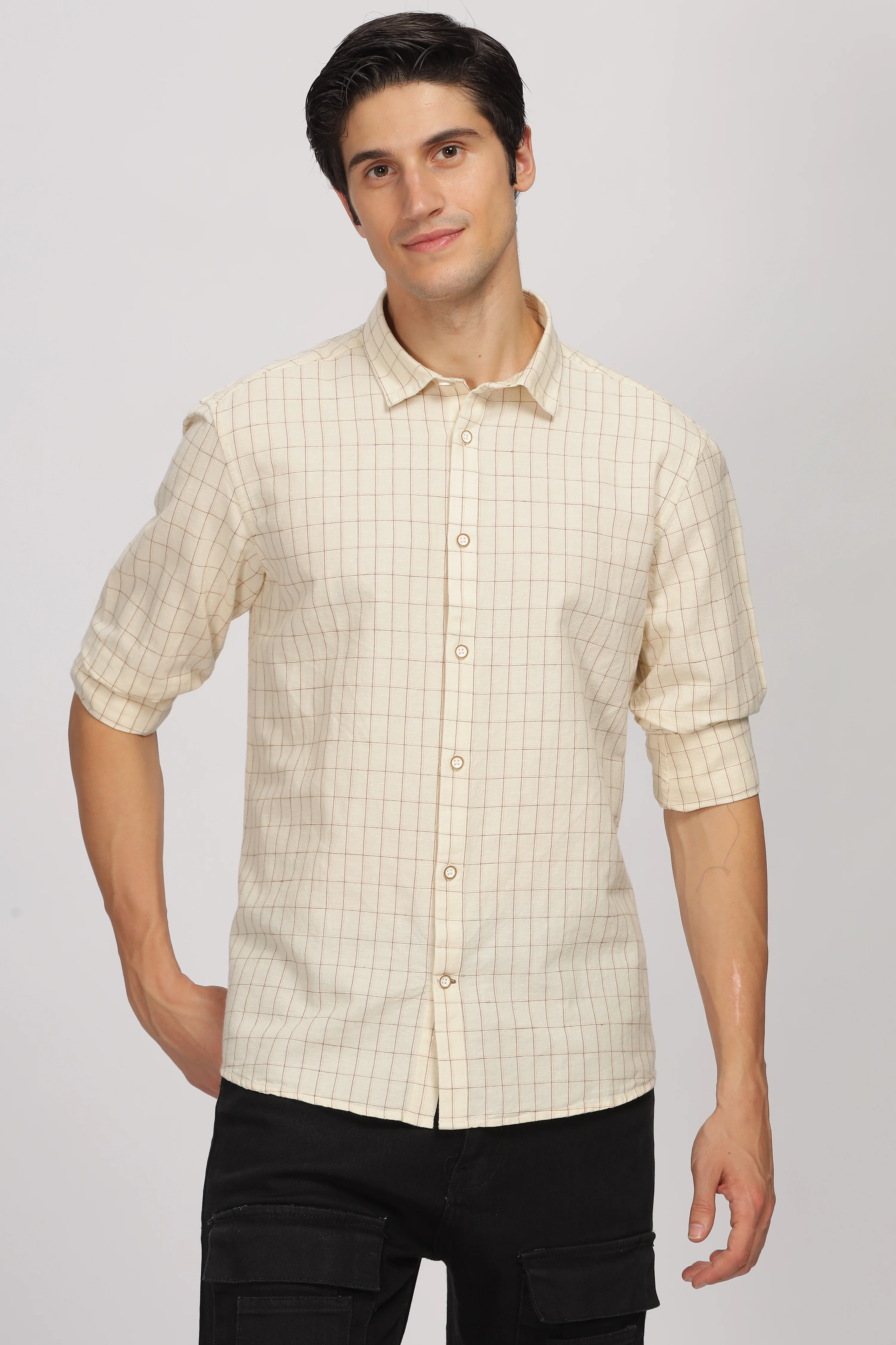 Uri Beige Linen Checked Spread Collar Shirt - Image 7