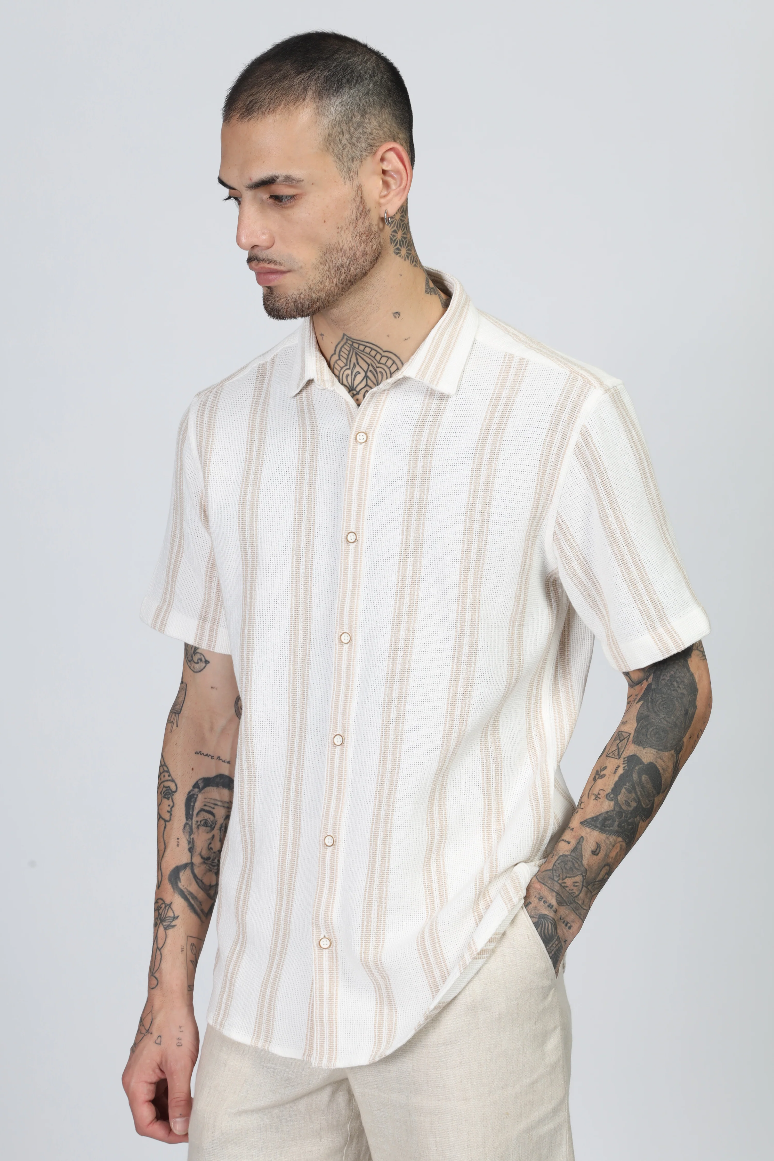 Uri Beige Matte Weave Half Sleeve Shirt - Image 2