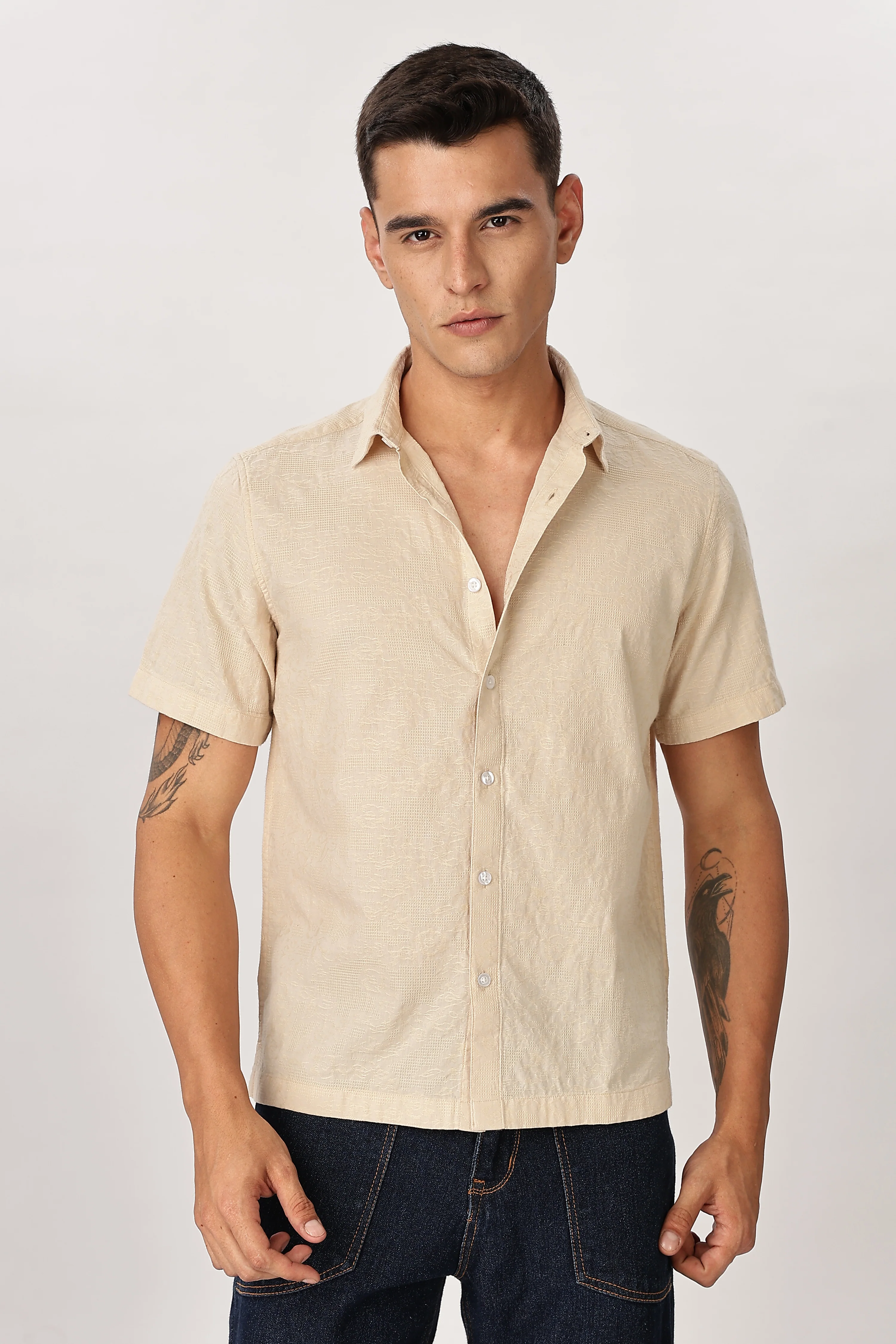 Uri Beige Textured Jacquard Shirt - Image 7