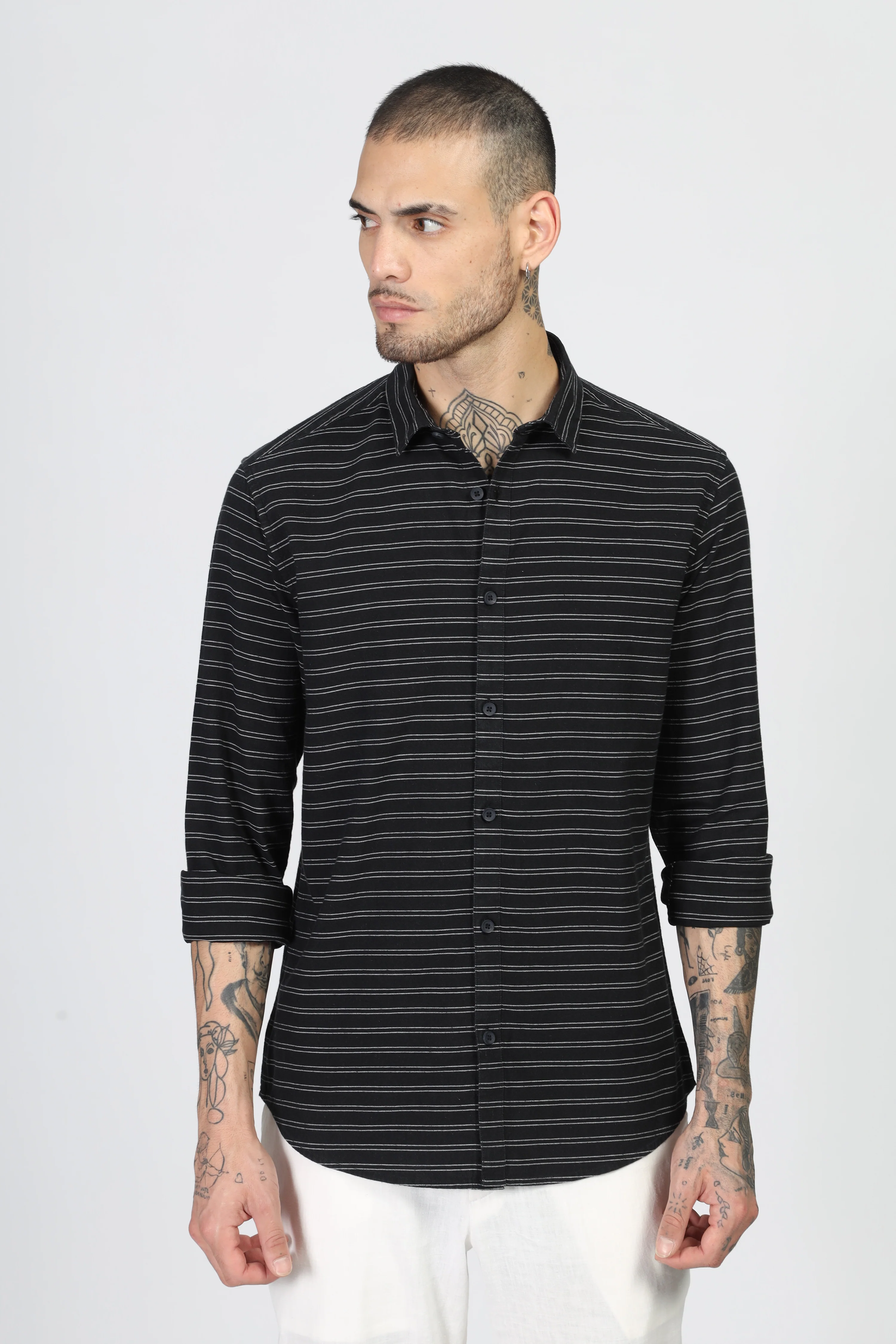 Uri Black Horizontal Stripe Full Sleeve Shirt - Image 4