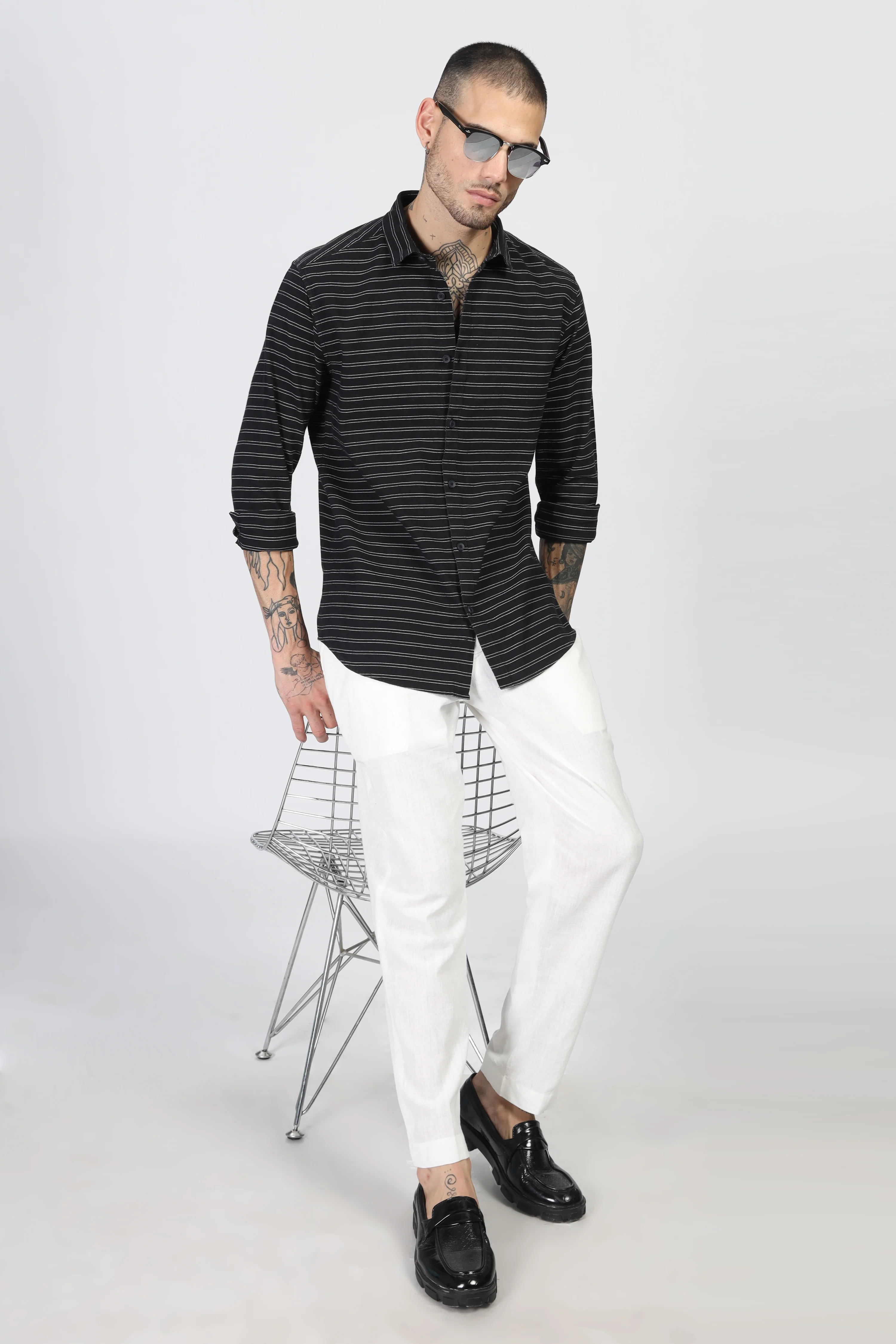 Uri Black Horizontal Stripe Full Sleeve Shirt - Image 5