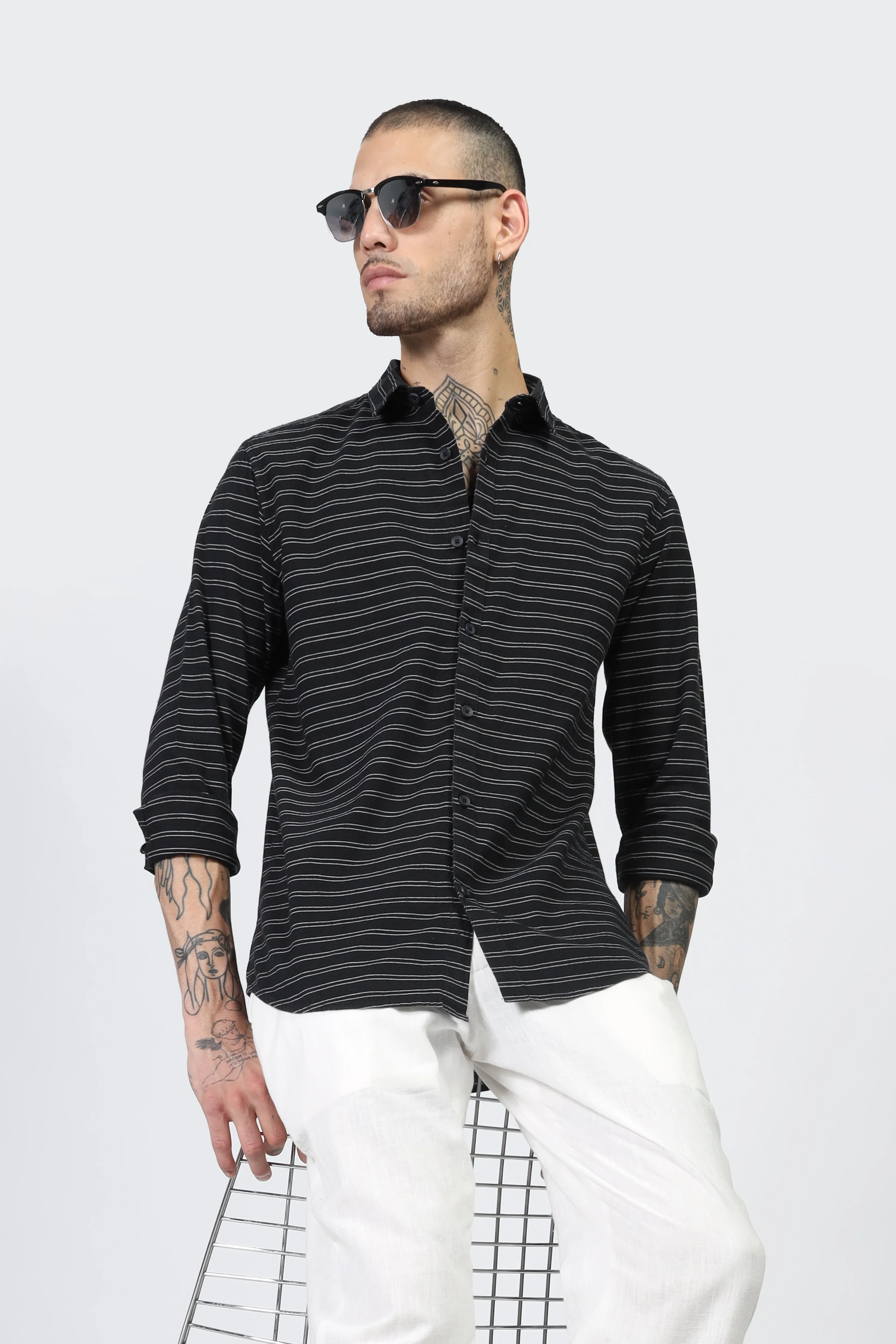 Uri Black Horizontal Stripe Full Sleeve Shirt - Image 6