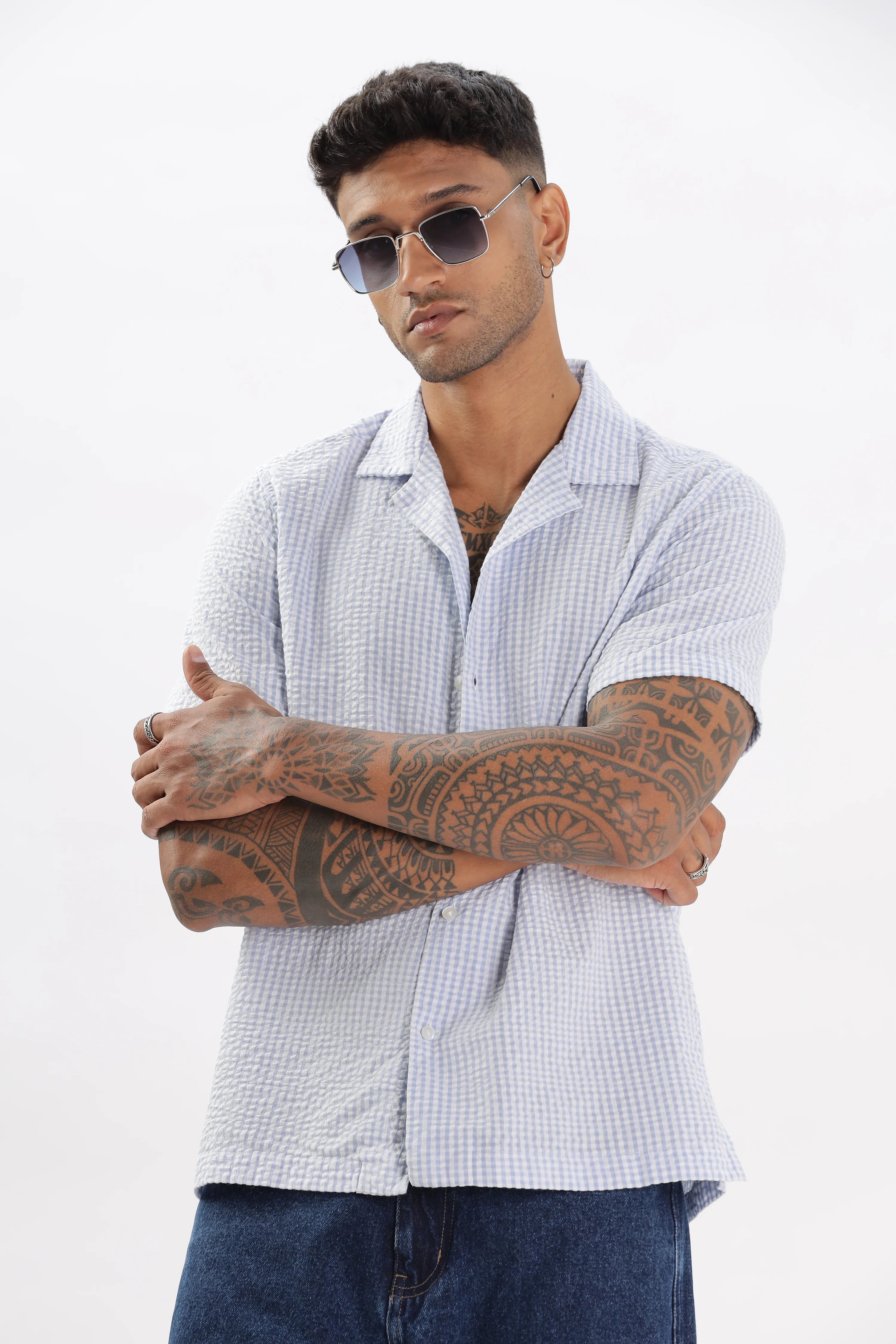 Uri Blue Gingham Check Casual Half Sleeve Shirt