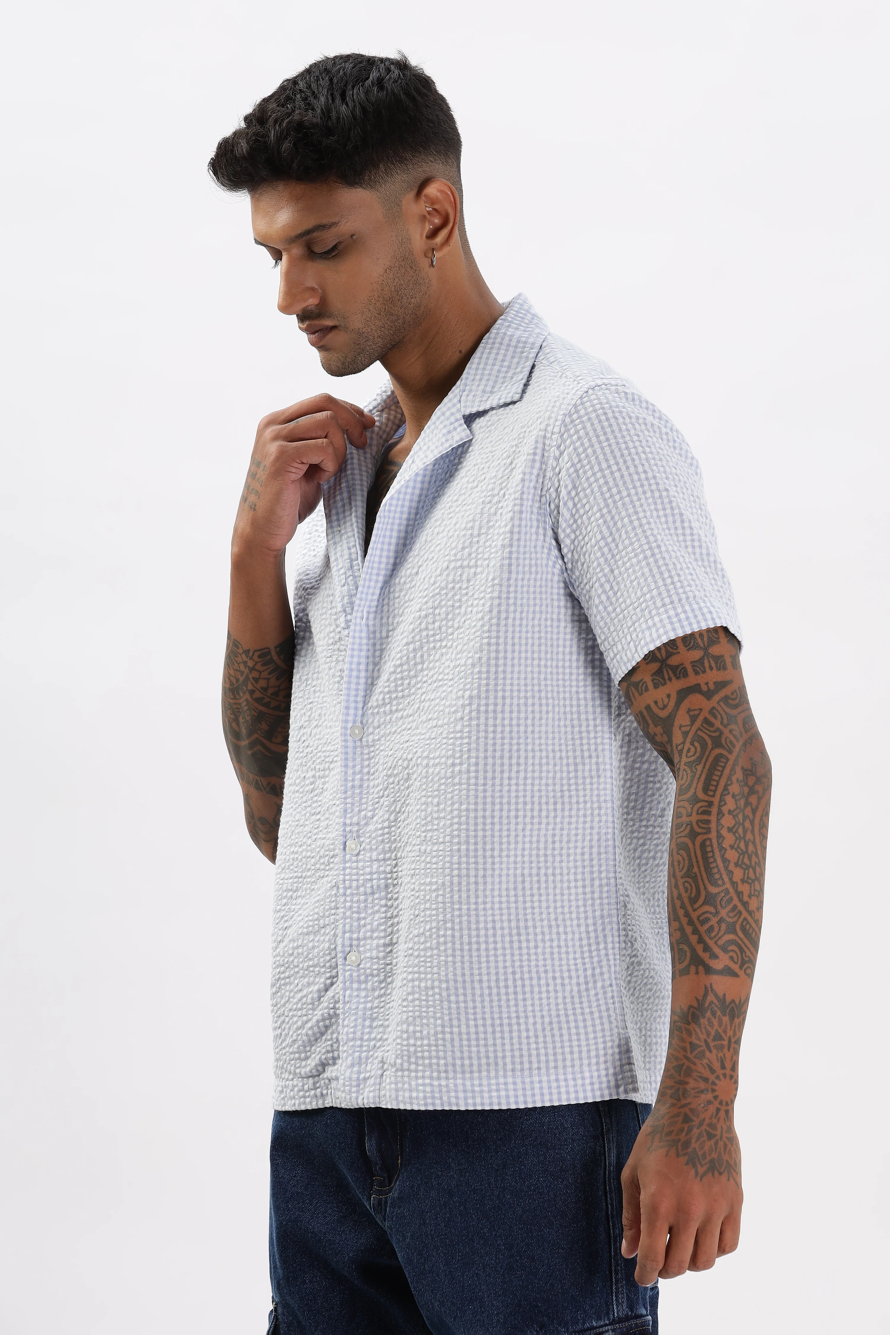 Uri Blue Gingham Check Casual Half Sleeve Shirt - Image 2
