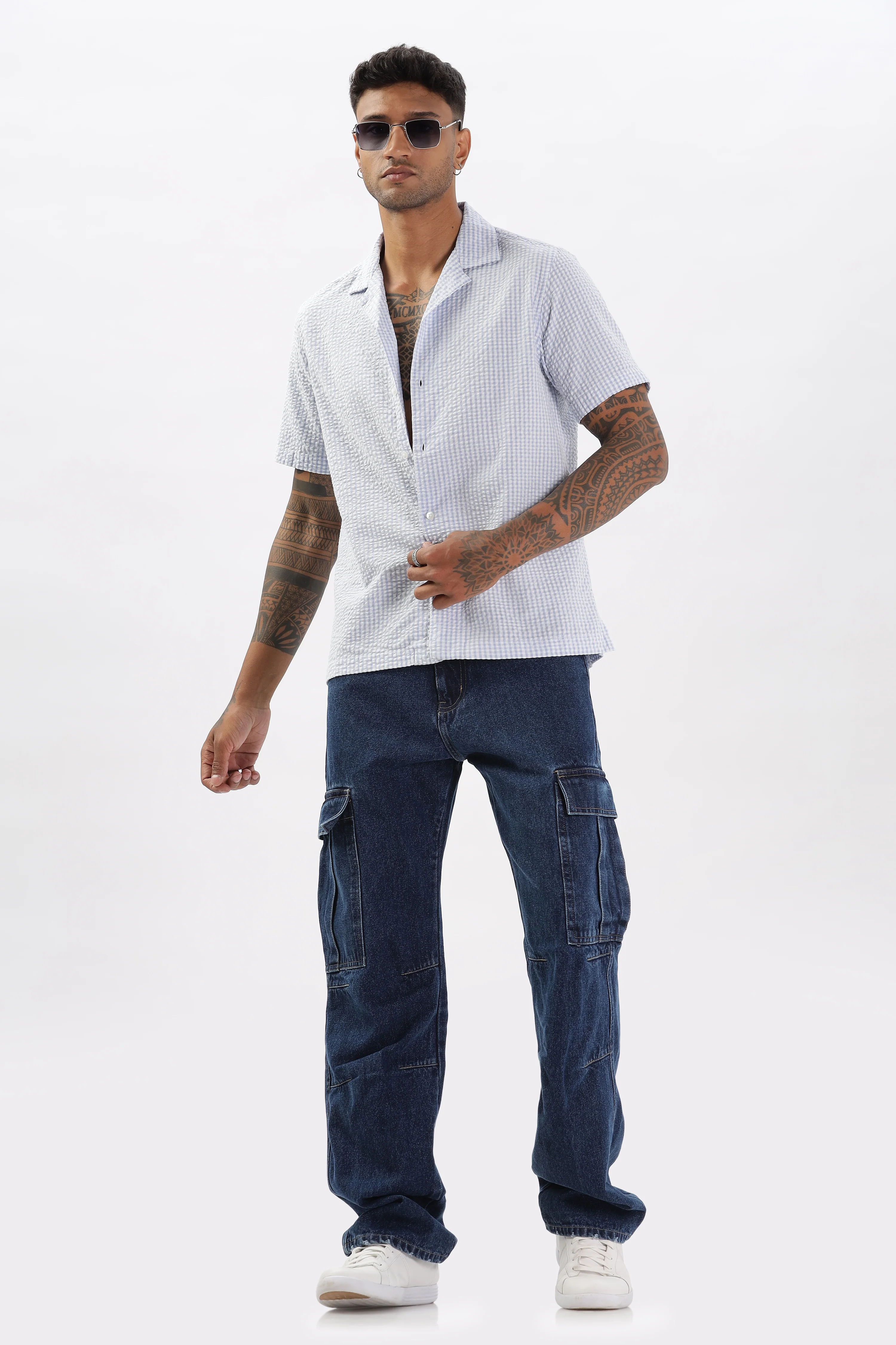 Uri Blue Gingham Check Casual Half Sleeve Shirt - Image 6