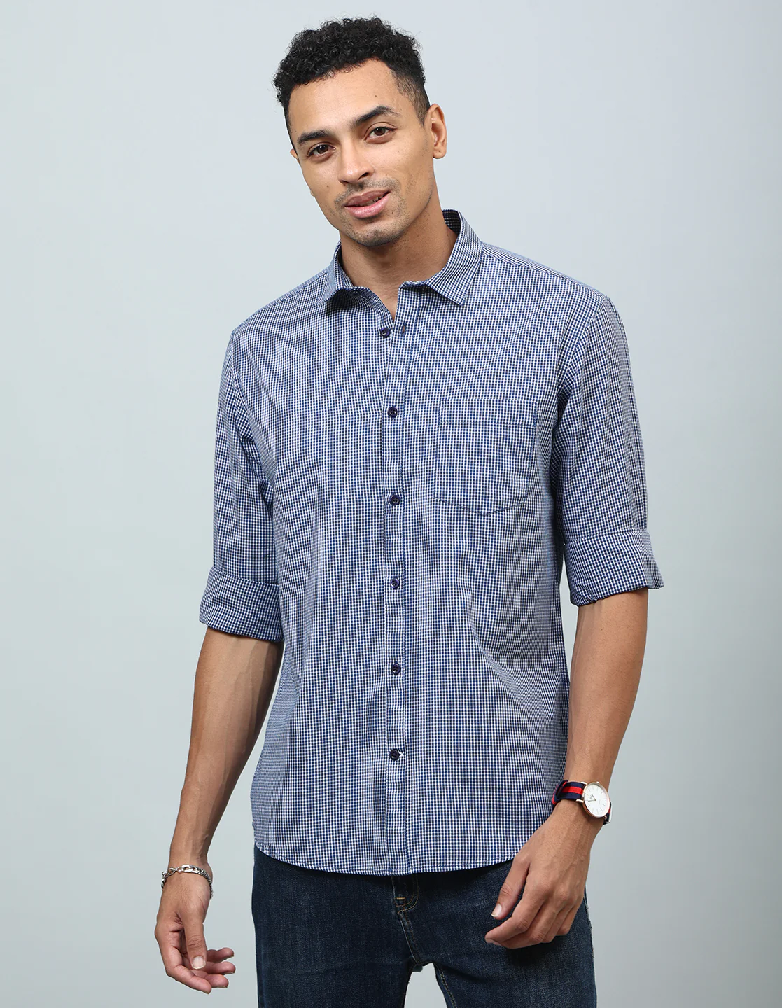 Uri Blue Gingham Checked Casual Shirt - Image 3