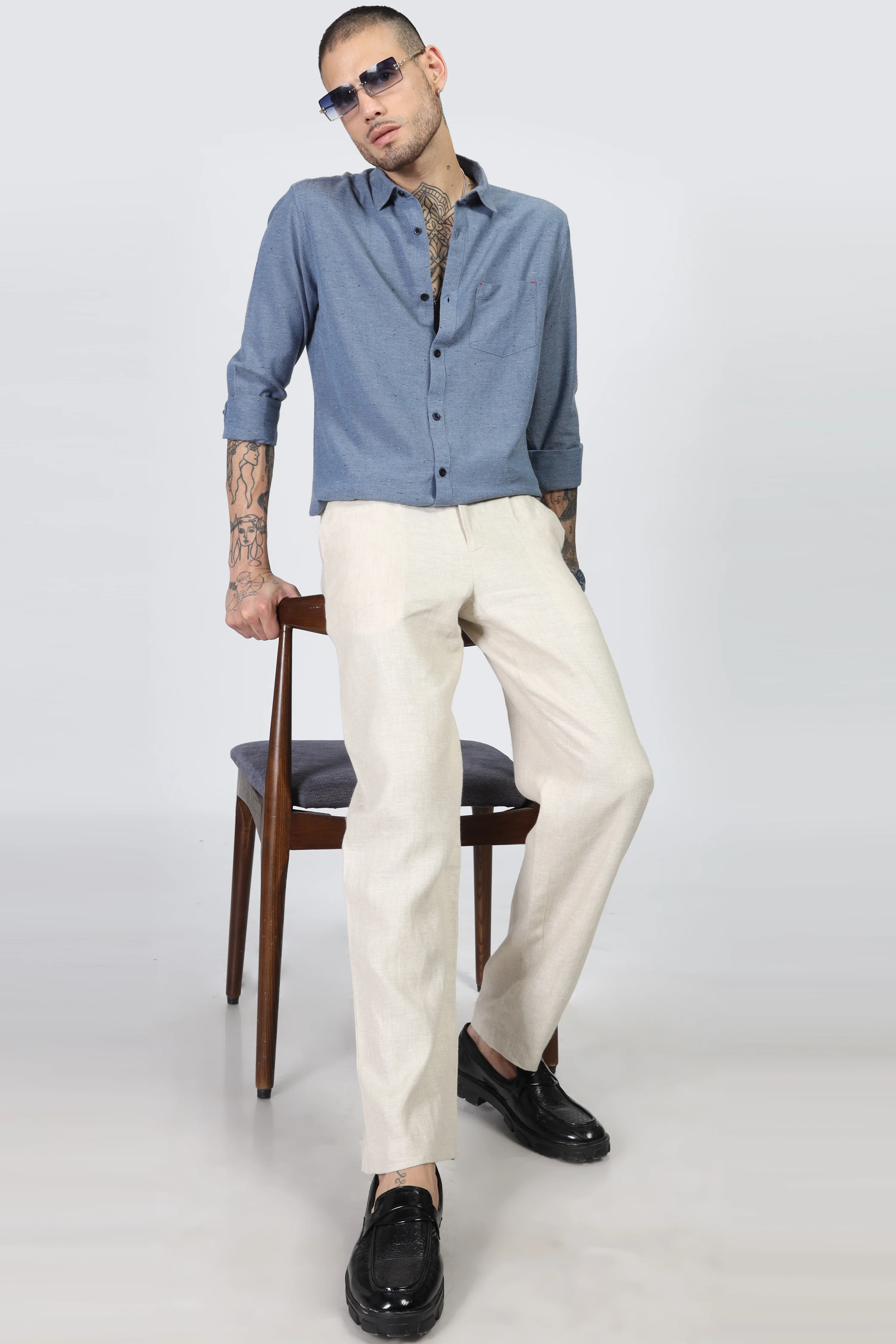 Uri Blue Solid Spread Collar Shirt - Image 4