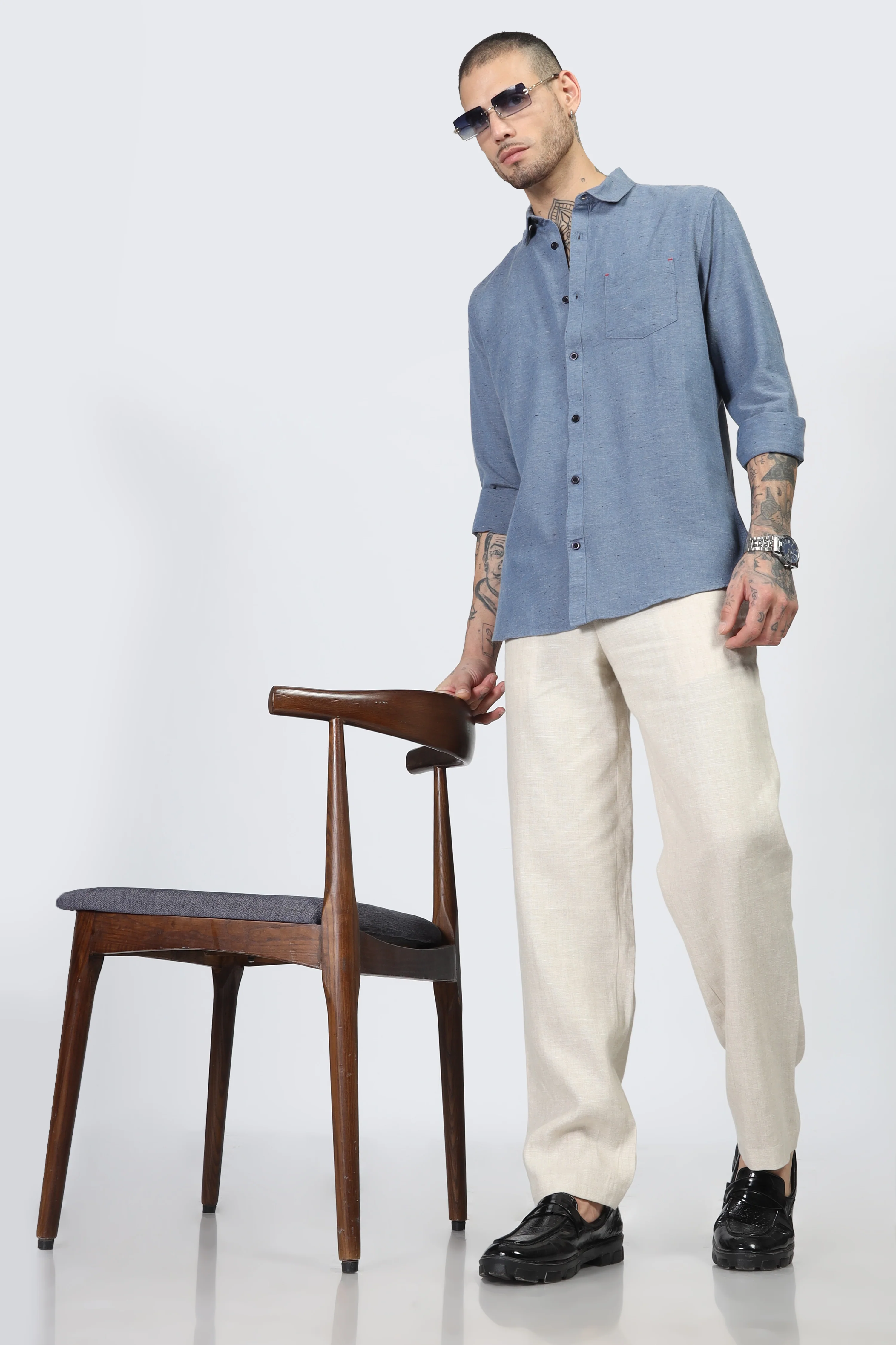 Uri Blue Solid Spread Collar Shirt - Image 5