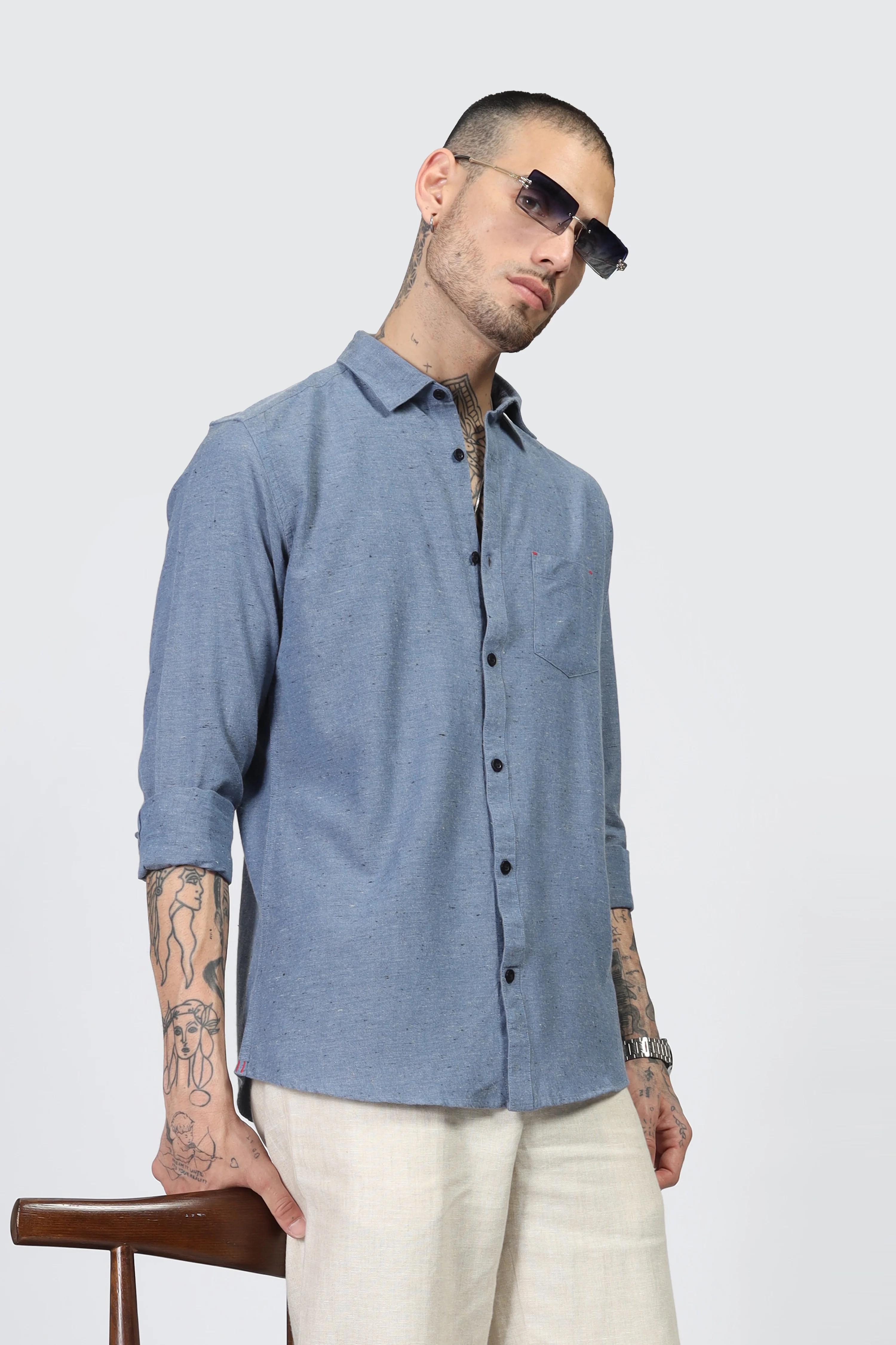 Uri Blue Solid Spread Collar Shirt - Image 6
