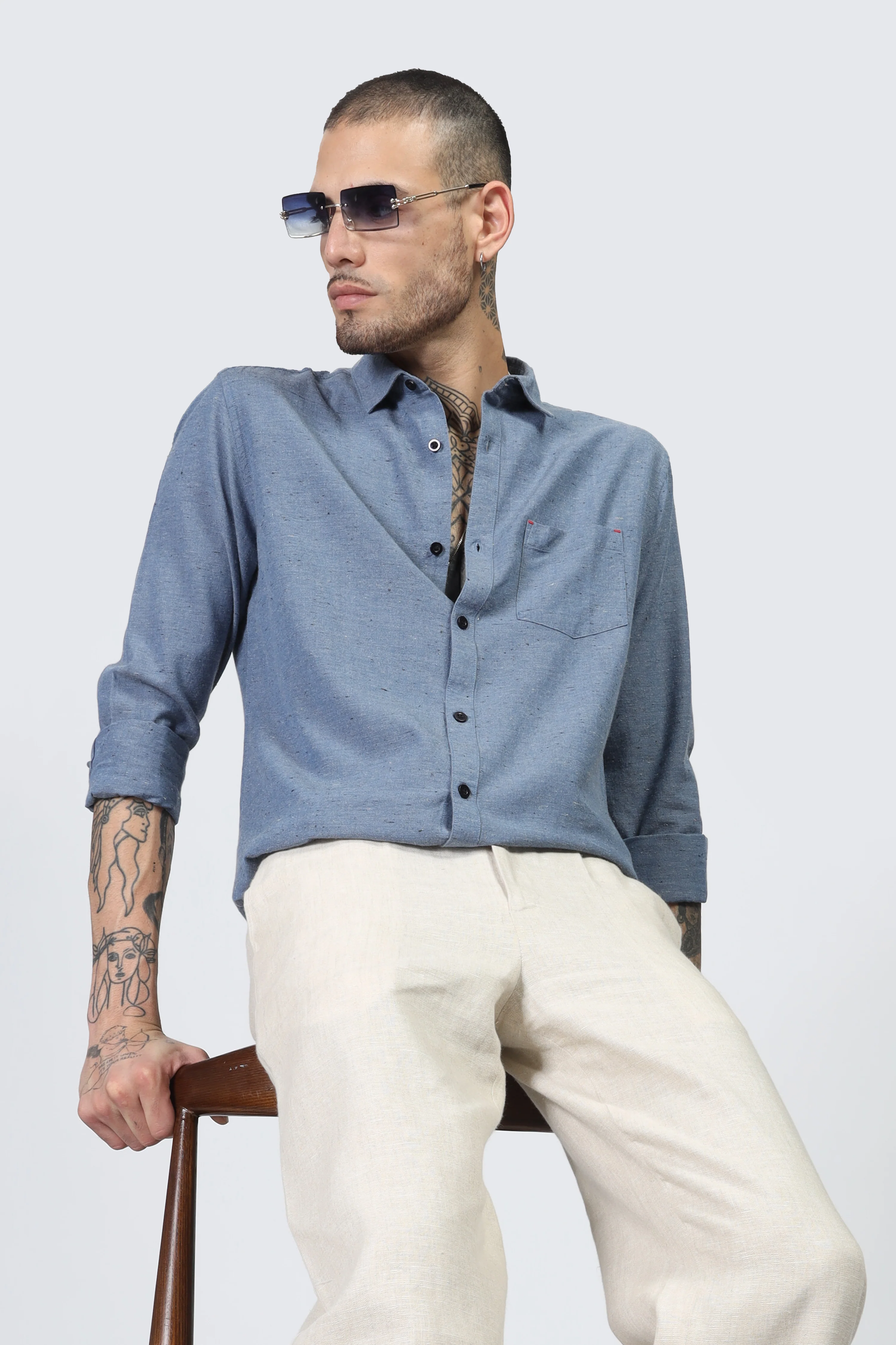 Uri Blue Solid Spread Collar Shirt - Image 7