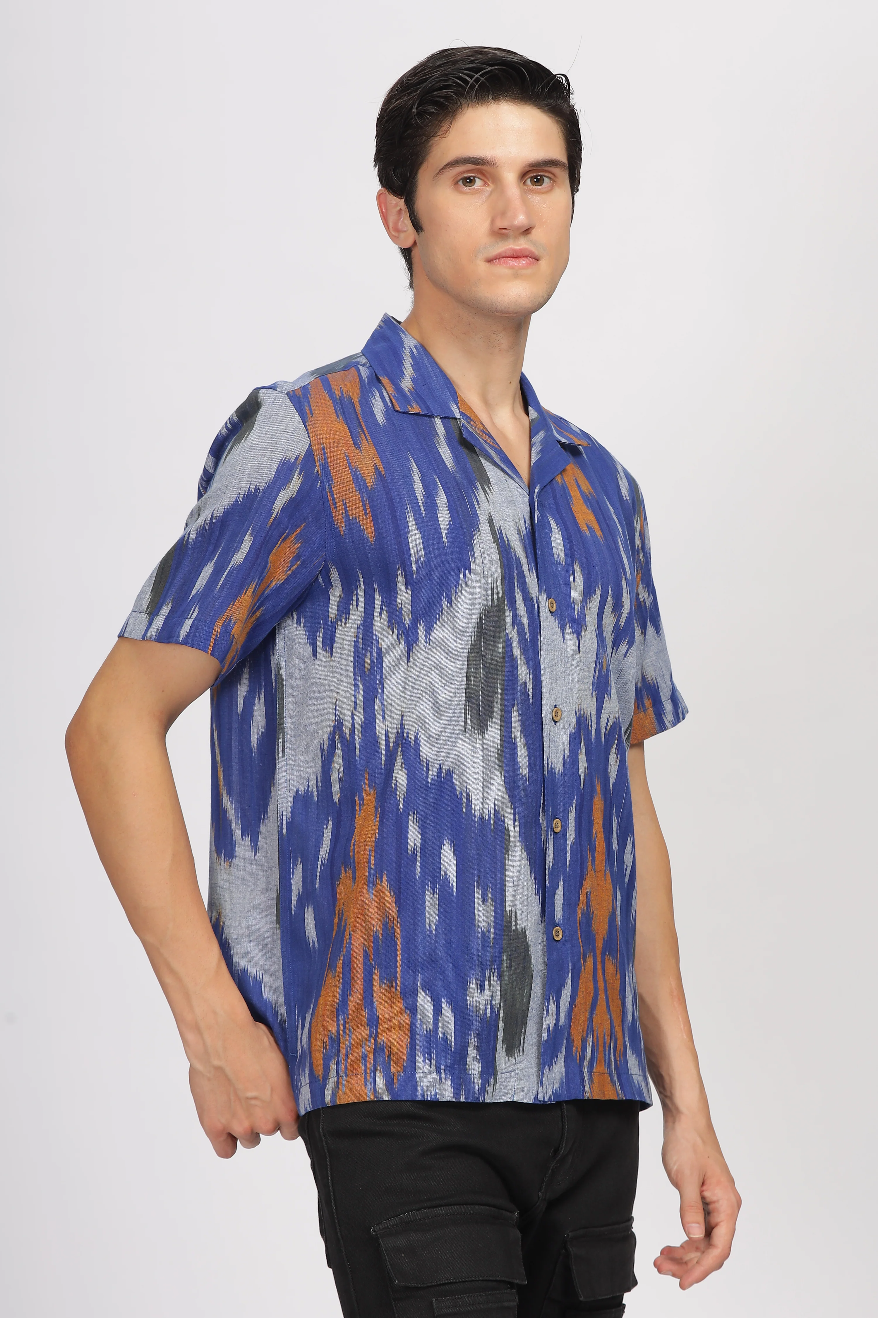 Uri Cuban Collar Multicolor Ikat Casual Shirt - Image 3