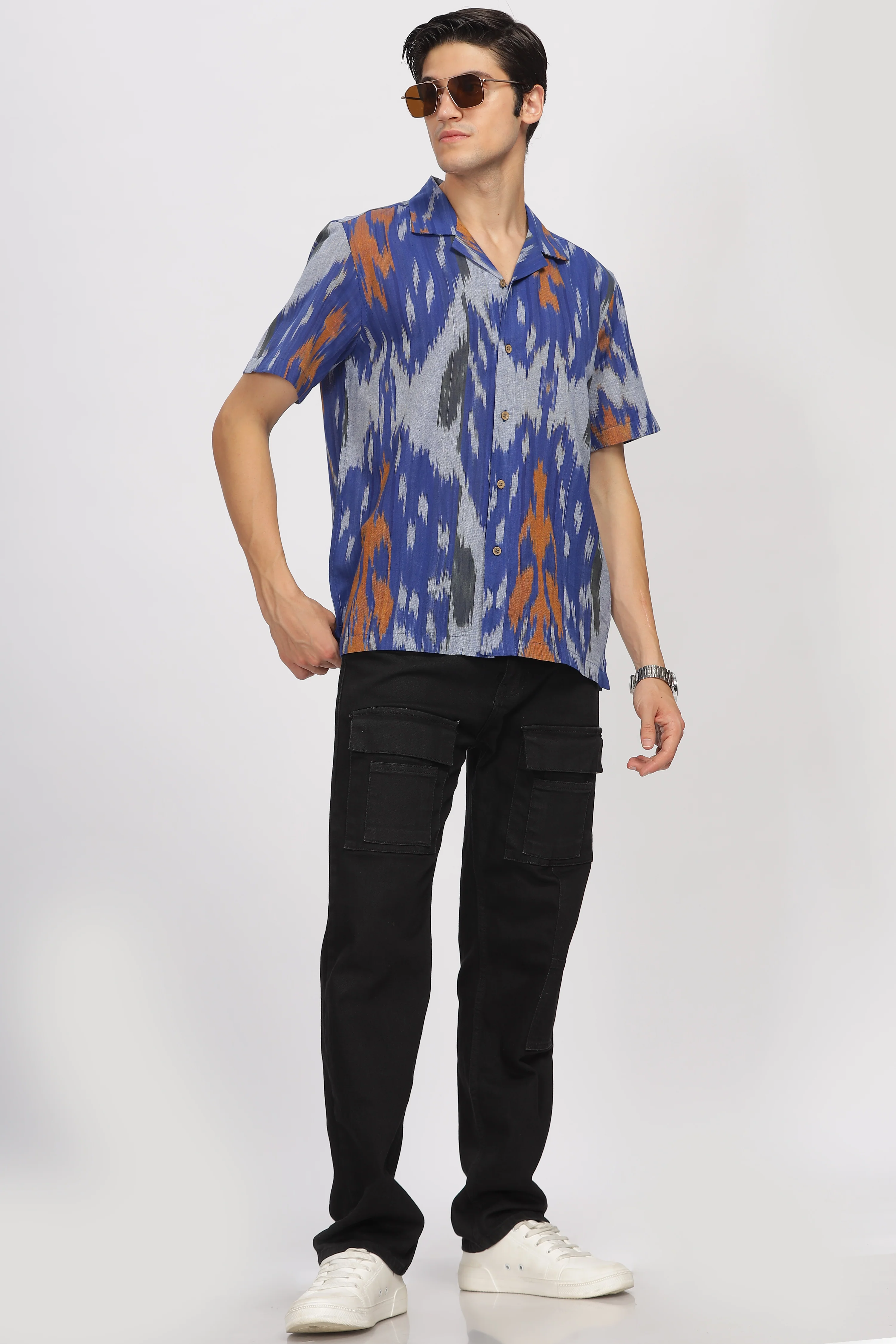 Uri Cuban Collar Multicolor Ikat Casual Shirt - Image 5