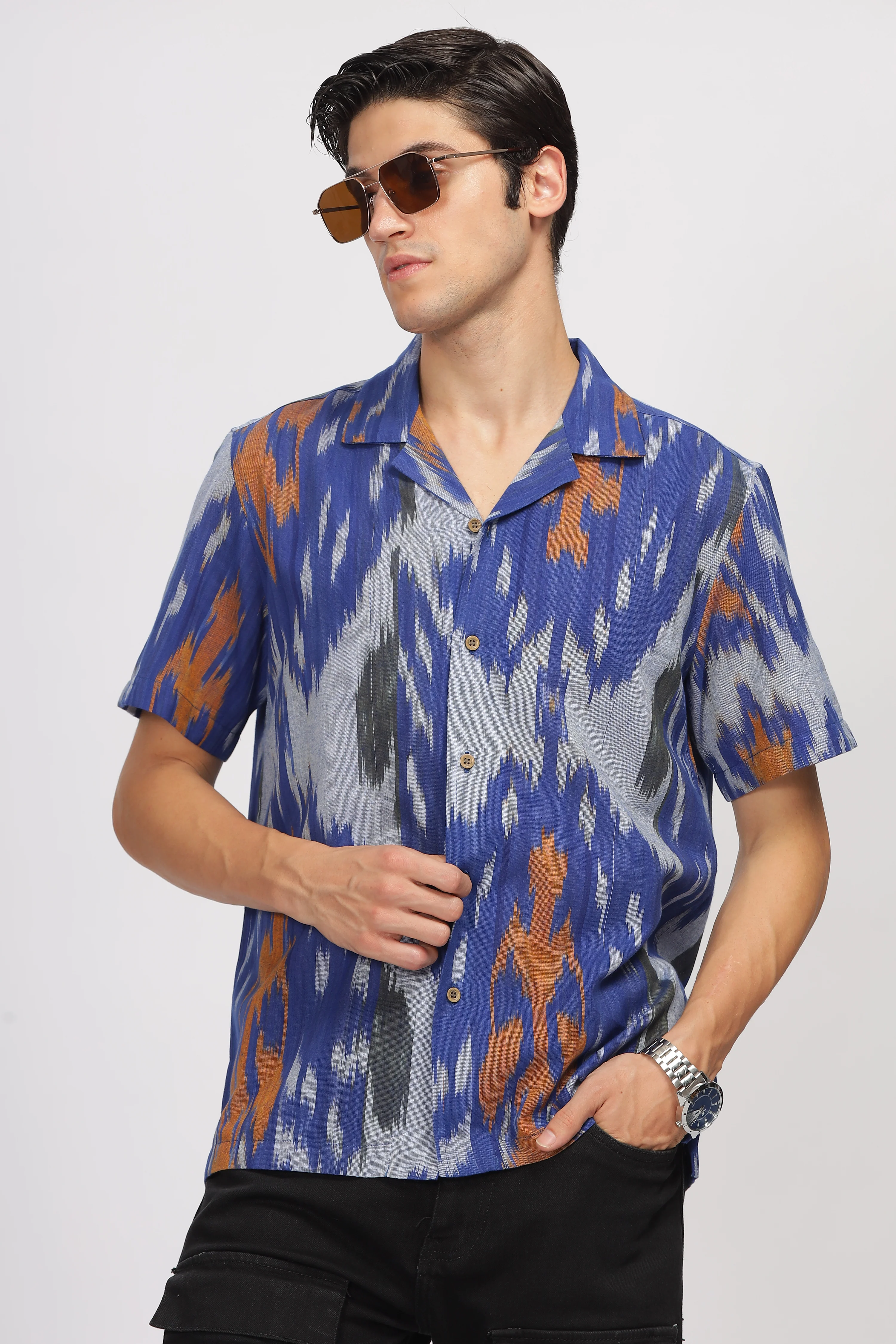 Uri Cuban Collar Multicolor Ikat Casual Shirt - Image 7