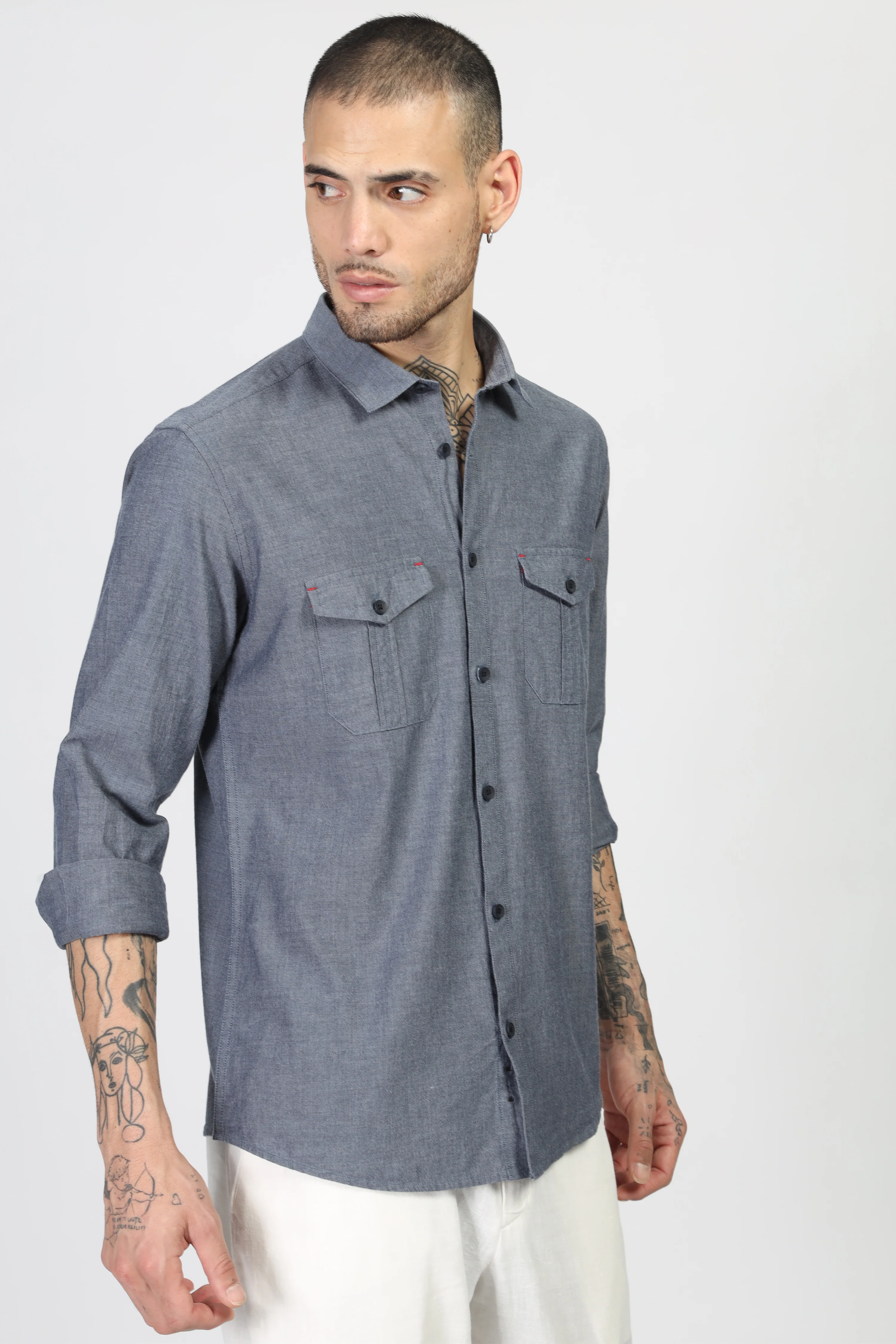 Uri Dark Grey Double Pocket Casual Shirt - Image 4