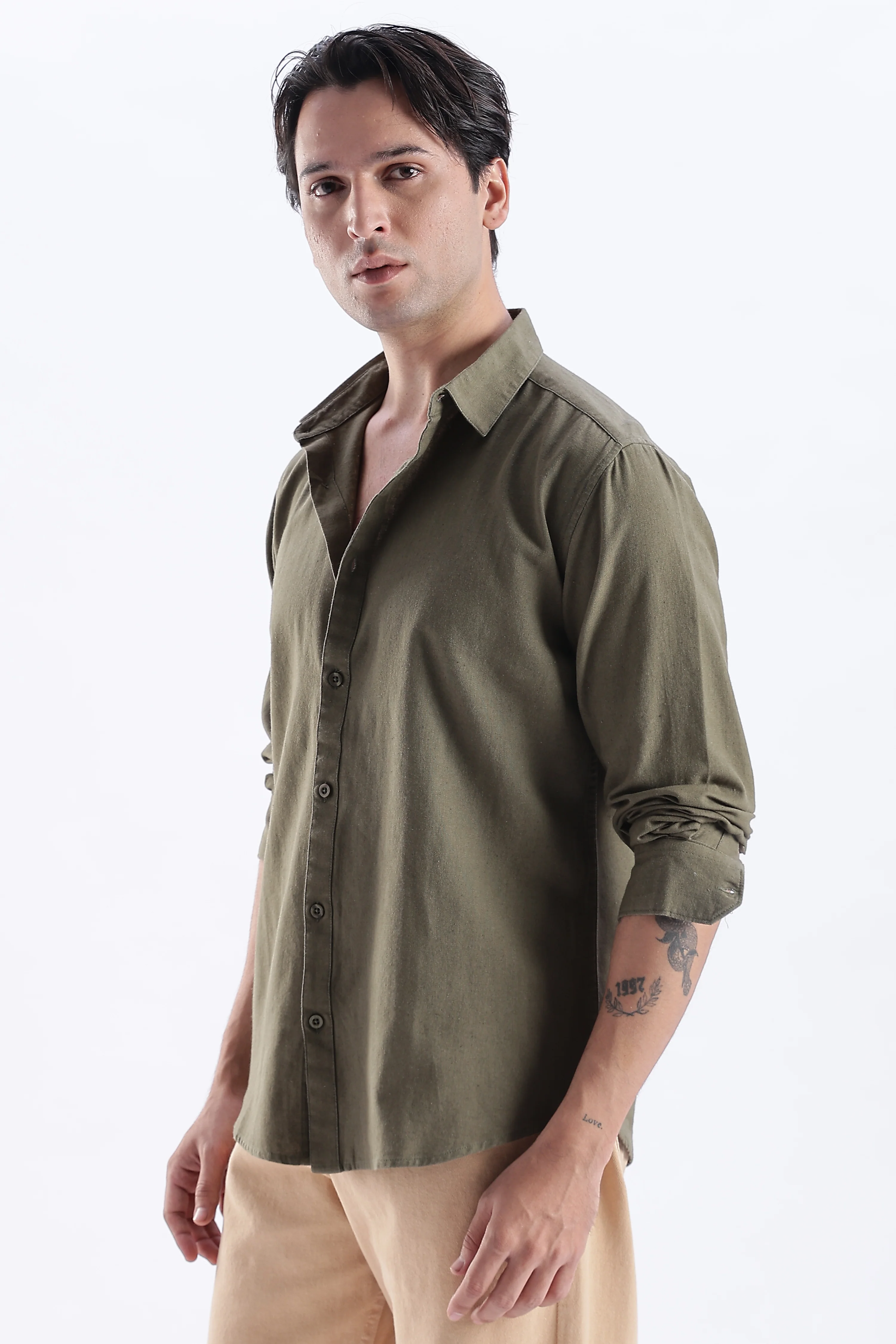Uri Deep Olive Spread Collar Solid Shirt - Image 4