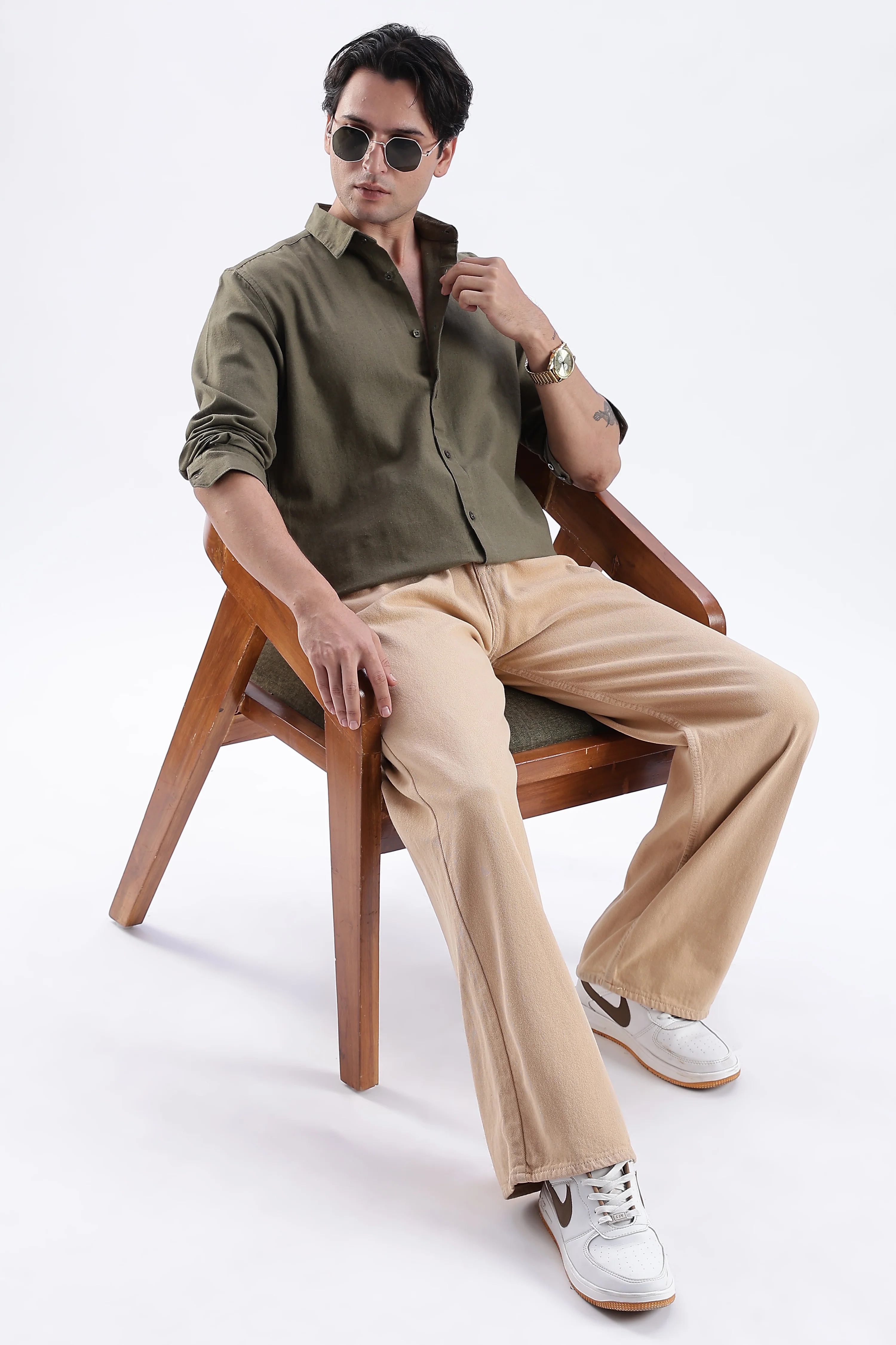 Uri Deep Olive Spread Collar Solid Shirt - Image 6