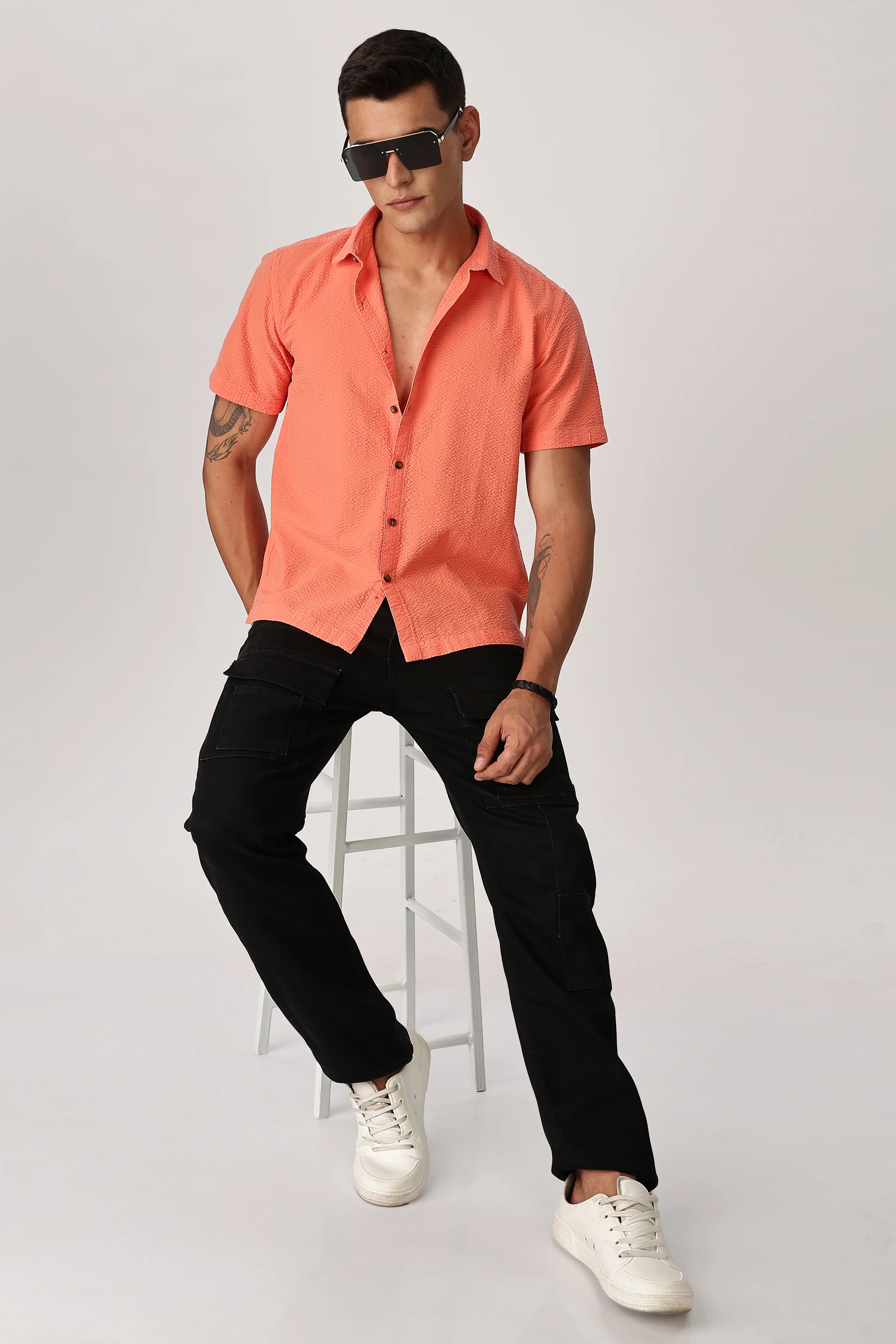 Uri Fluorescent Orange Seersucker Shirt - Image 5