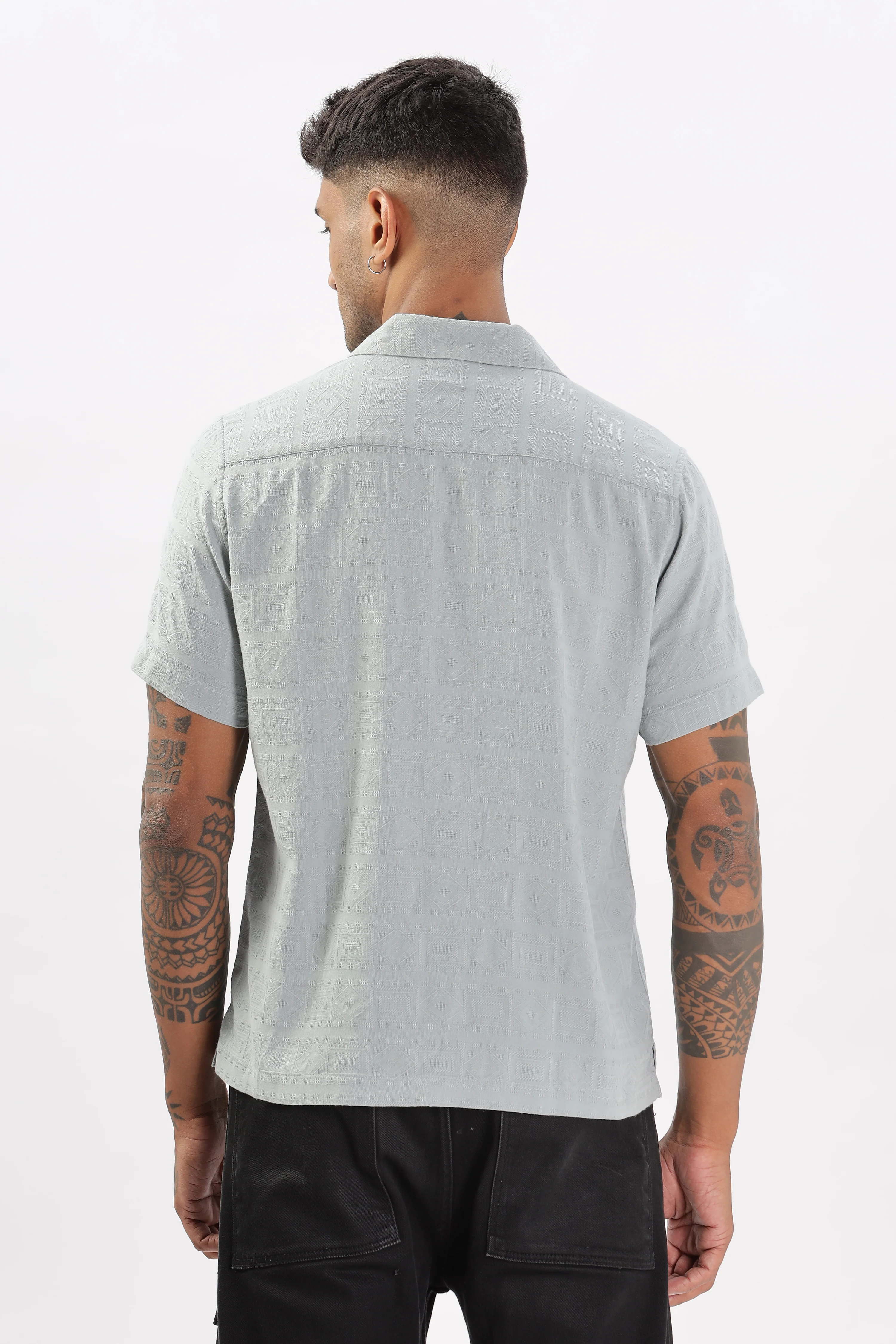 Uri Grey Jacquard Casual Cuban Collar Shirt - Image 3