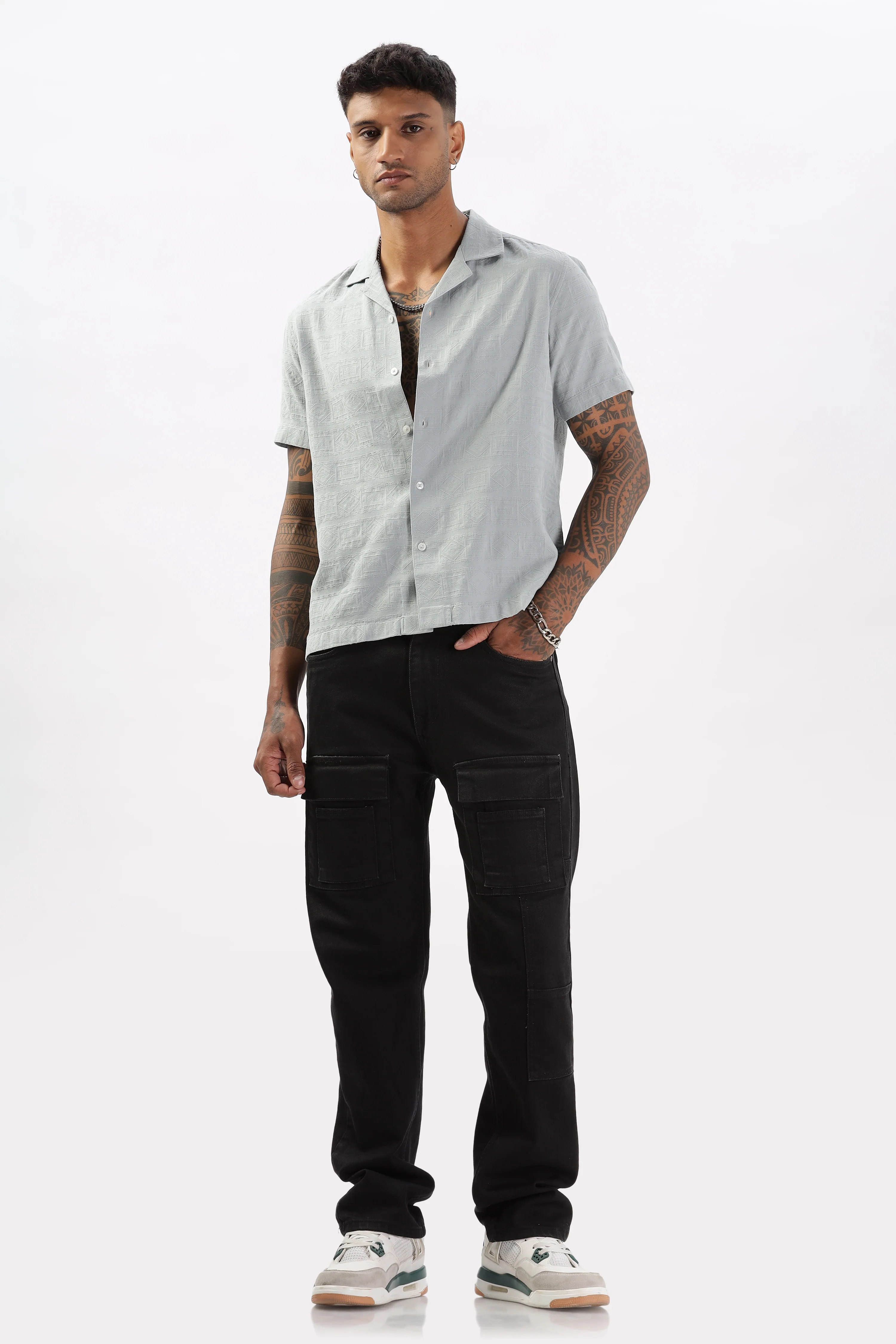 Uri Grey Jacquard Casual Cuban Collar Shirt - Image 5