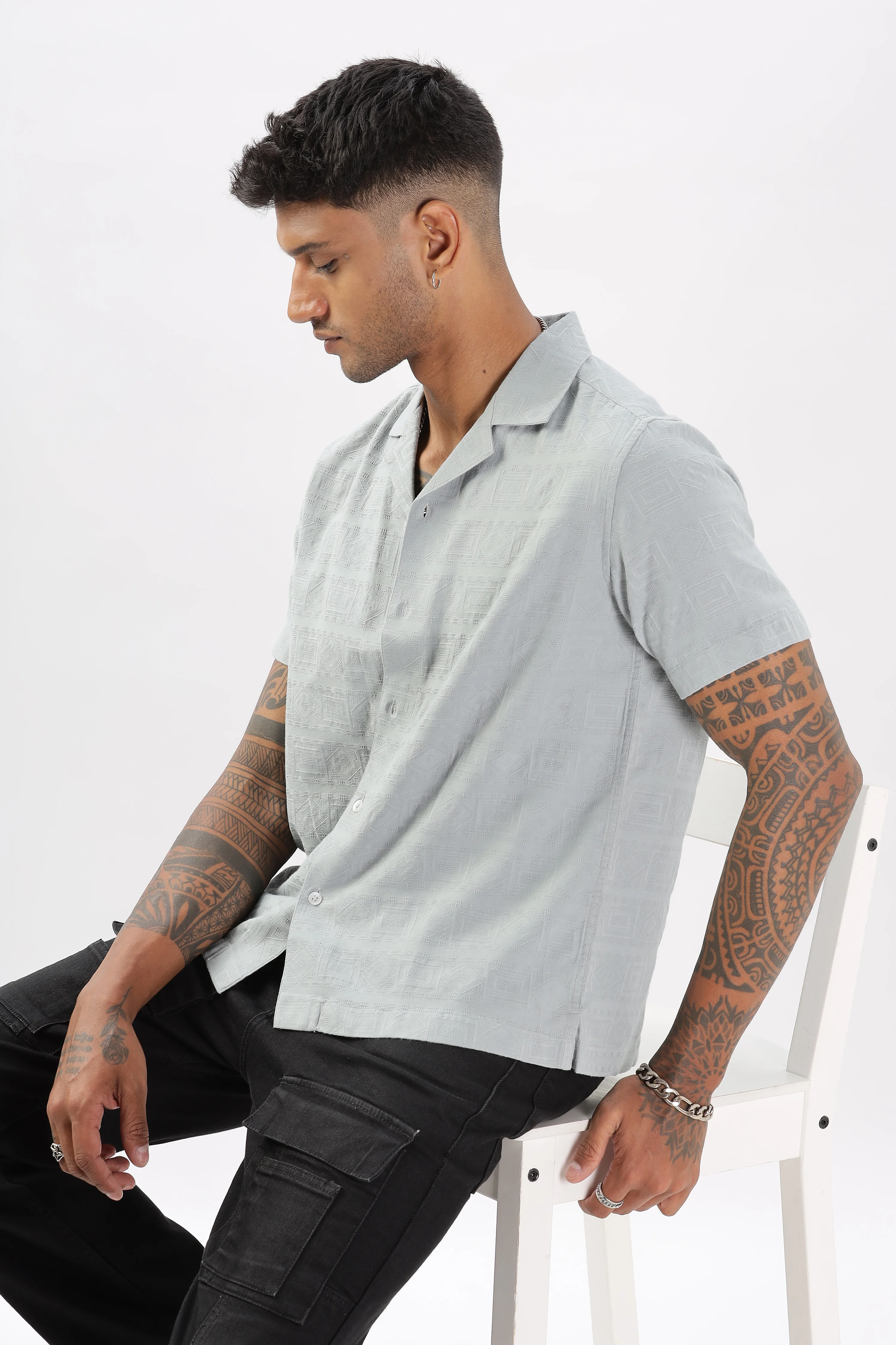 Uri Grey Jacquard Casual Cuban Collar Shirt - Image 6