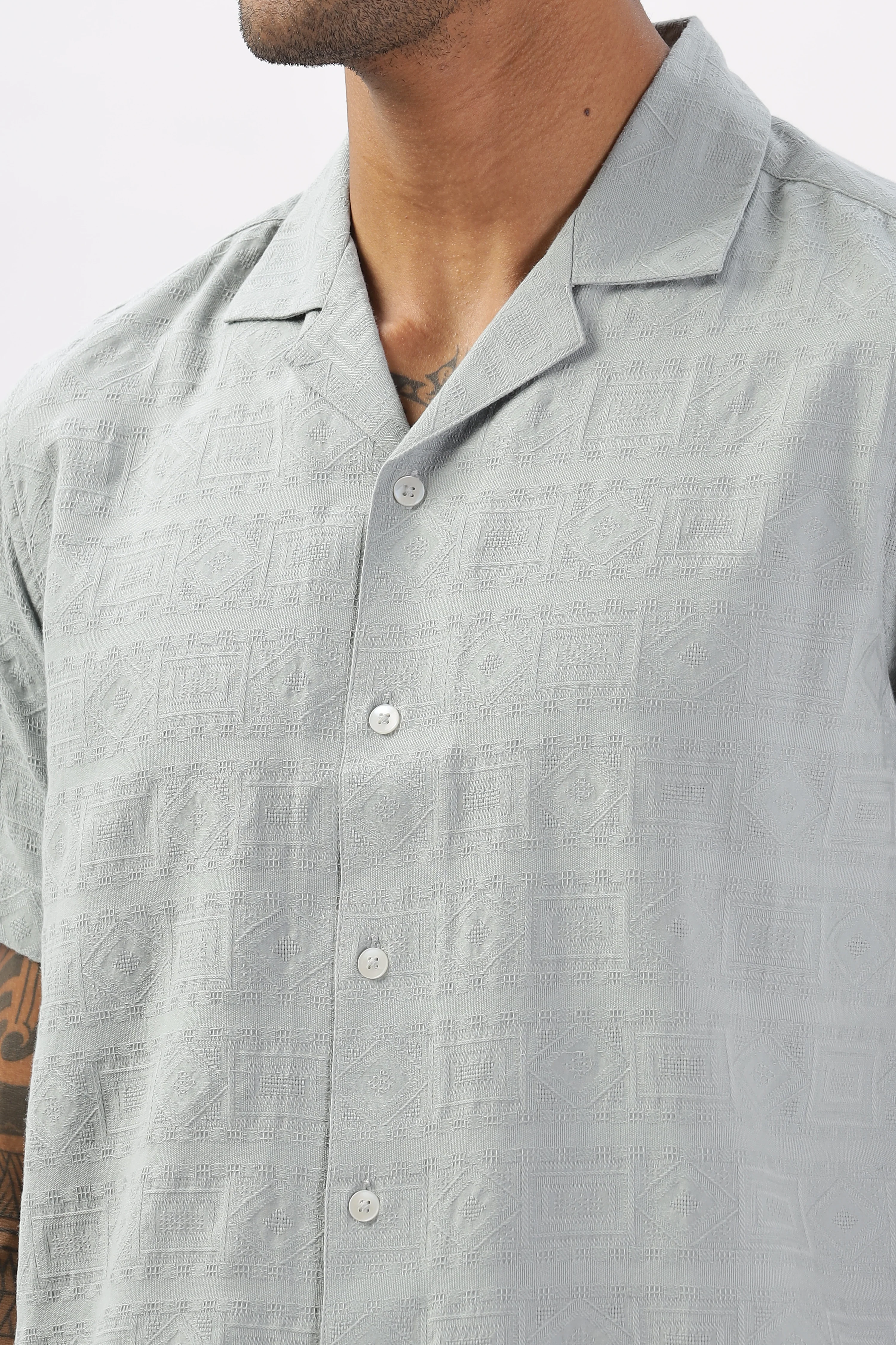 Uri Grey Jacquard Casual Cuban Collar Shirt - Image 7
