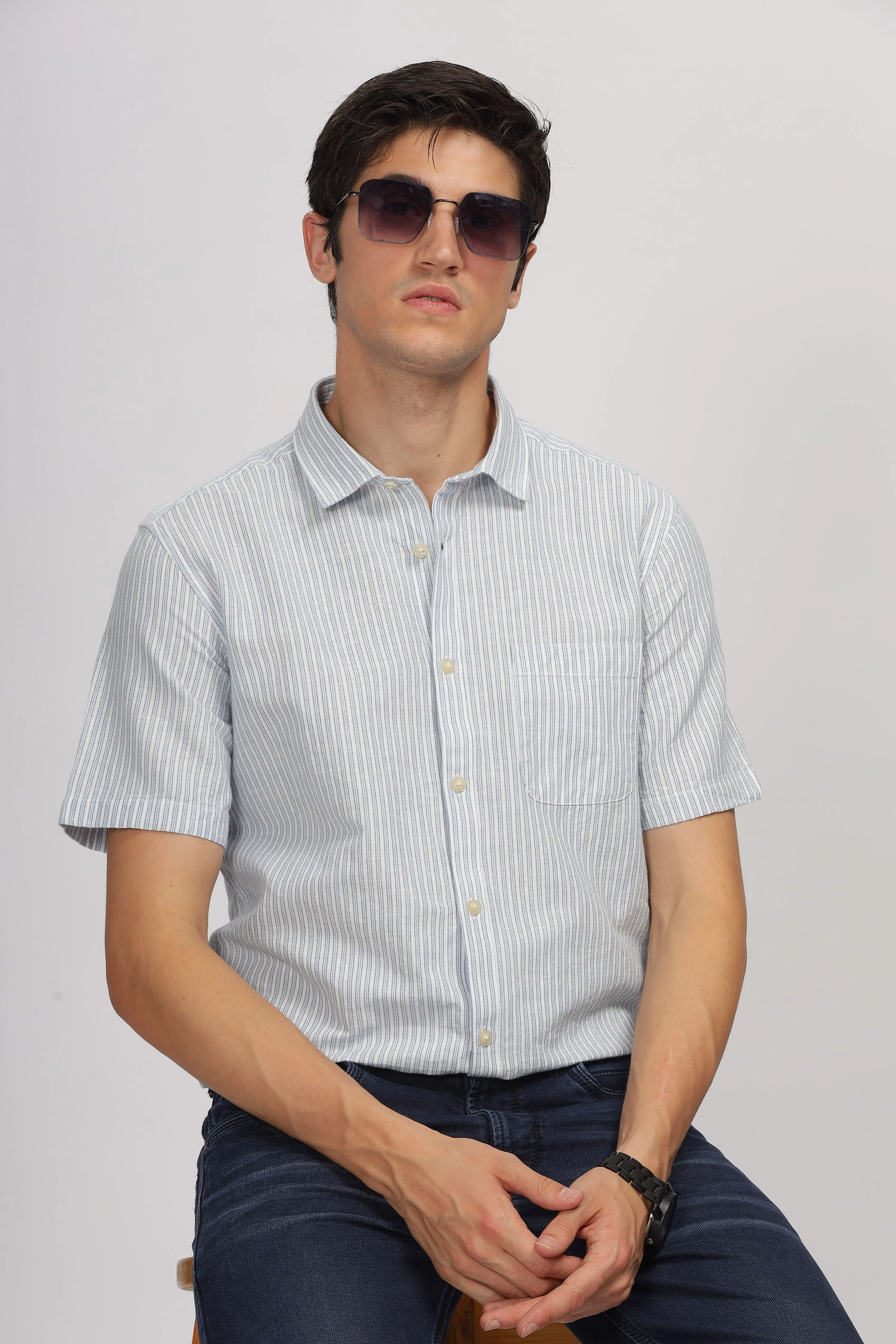 Uri Half Sleeve Linen Striped Shirt - Image 6