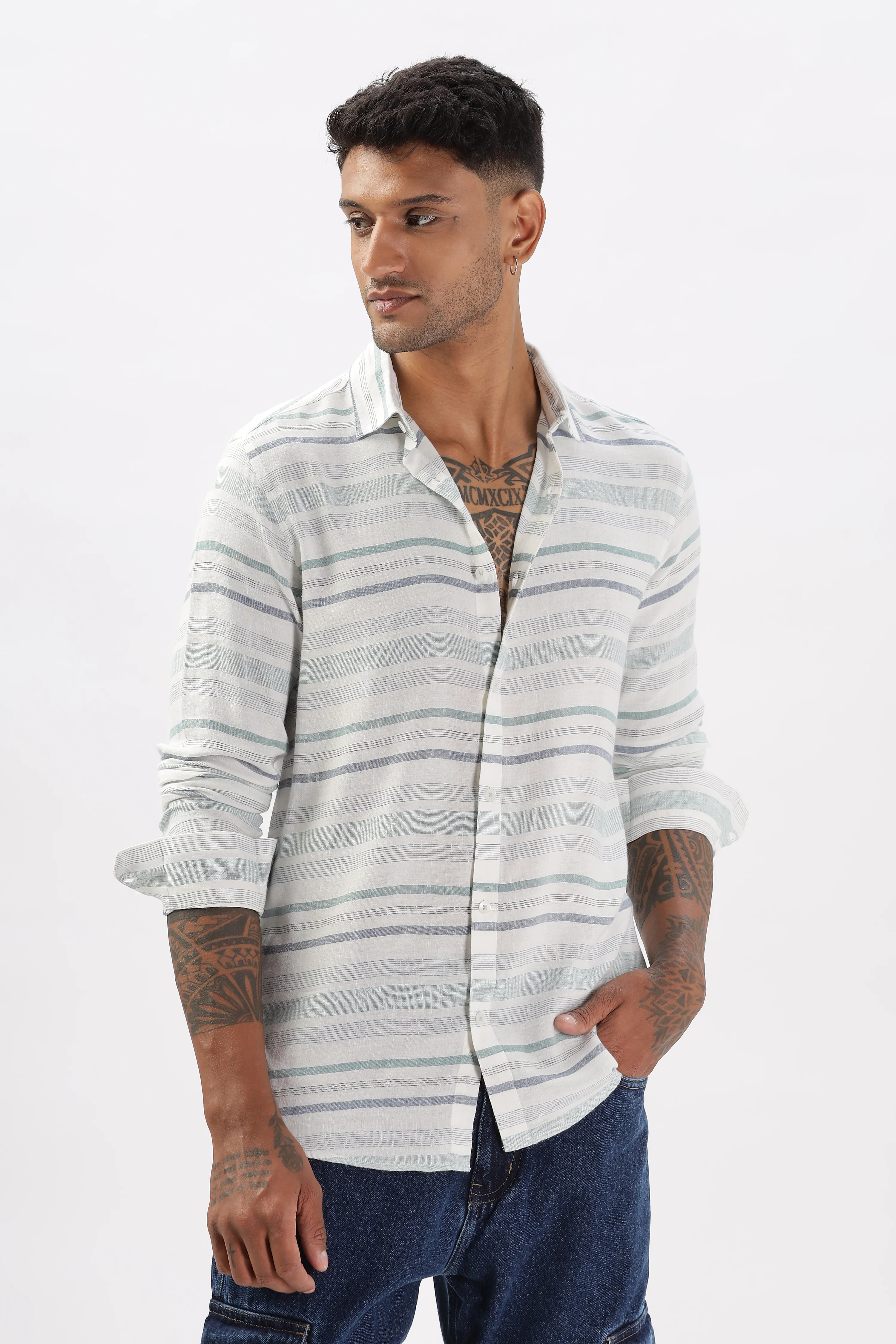 Uri Horizontal Stripe Linen Casual Shirt - Image 7
