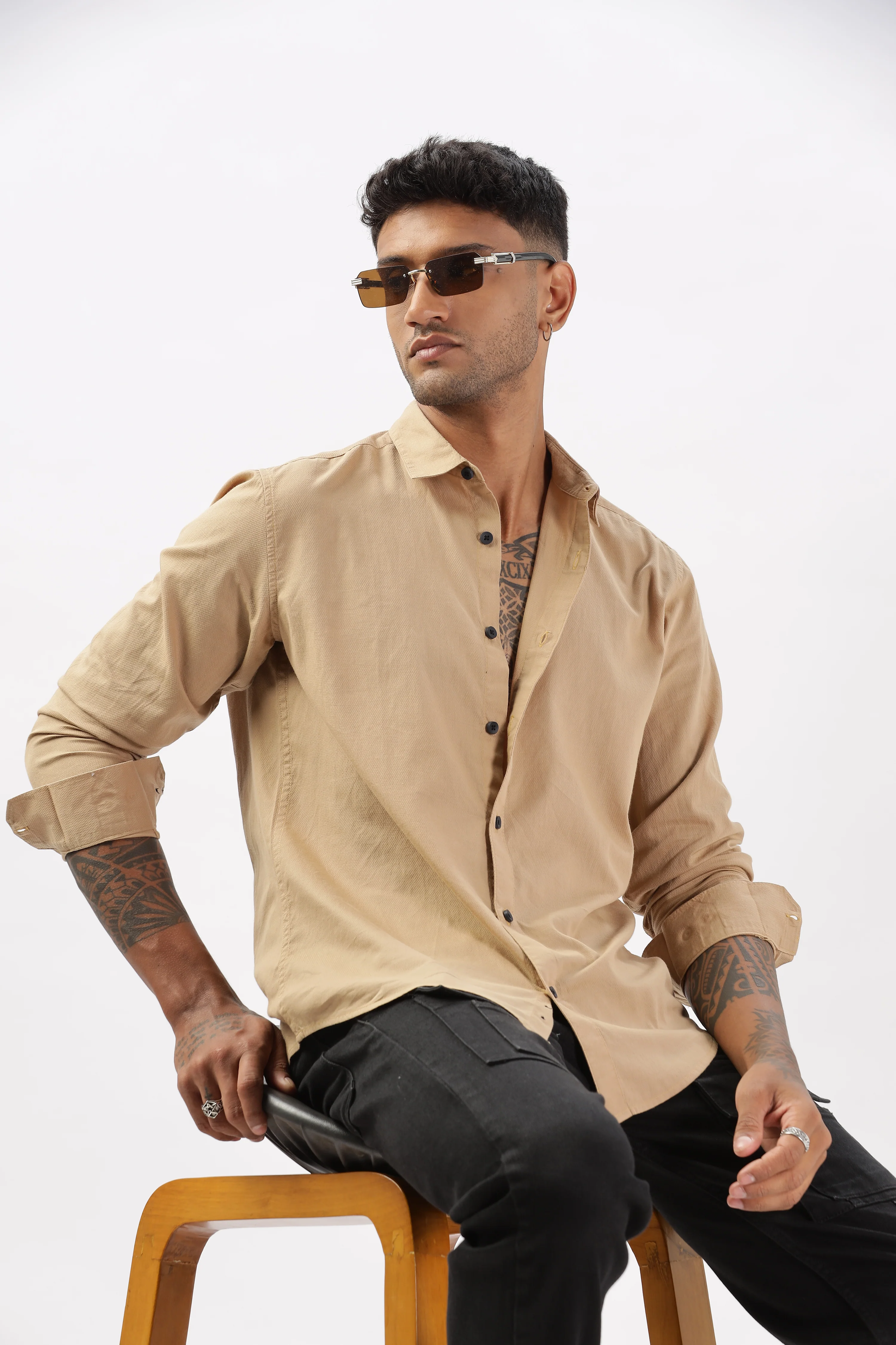 Uri Khaki Dobby Textured Casual Shirt - Image 6