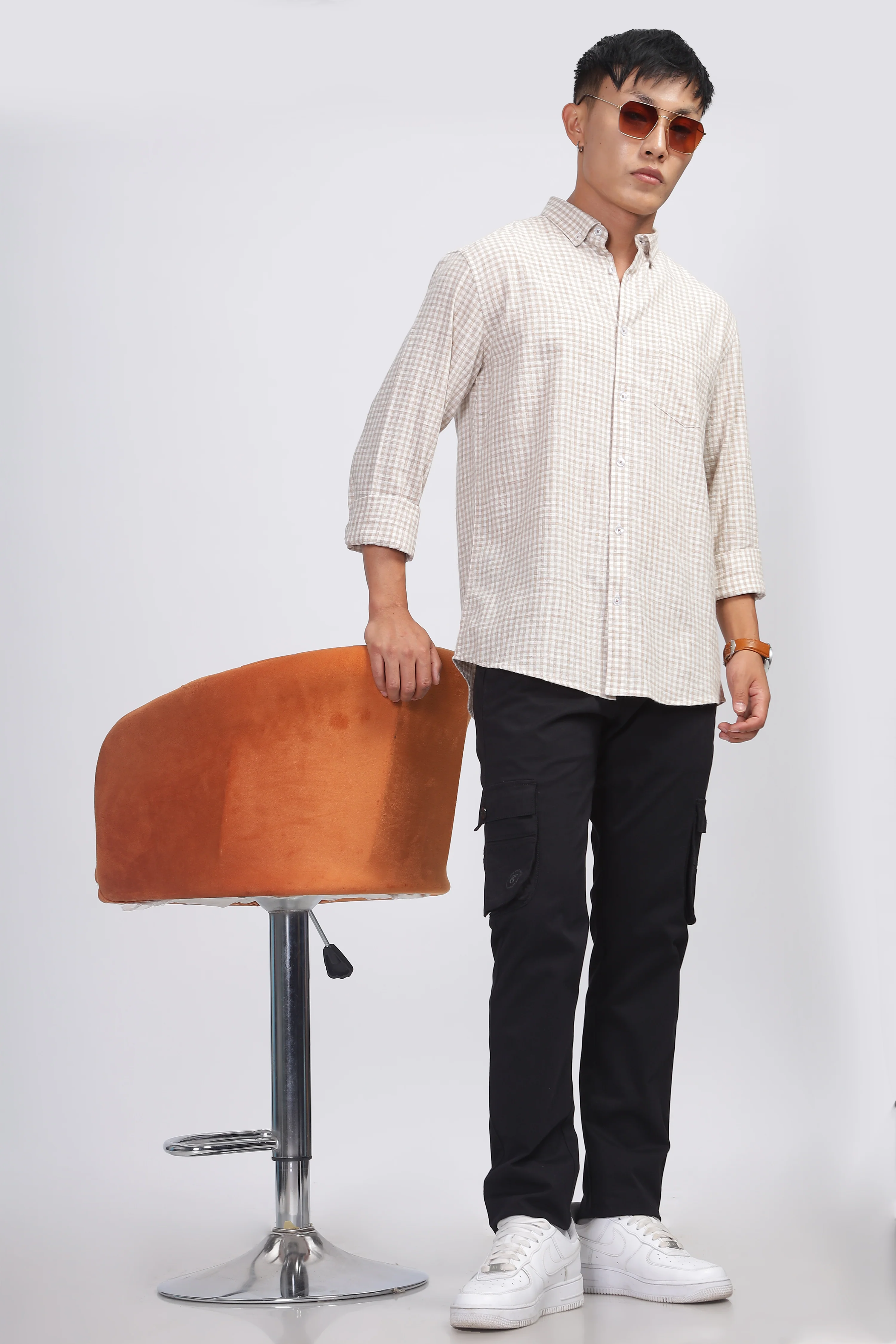 Uri Light Brown Gingham Check Cotton Shirt - Image 6