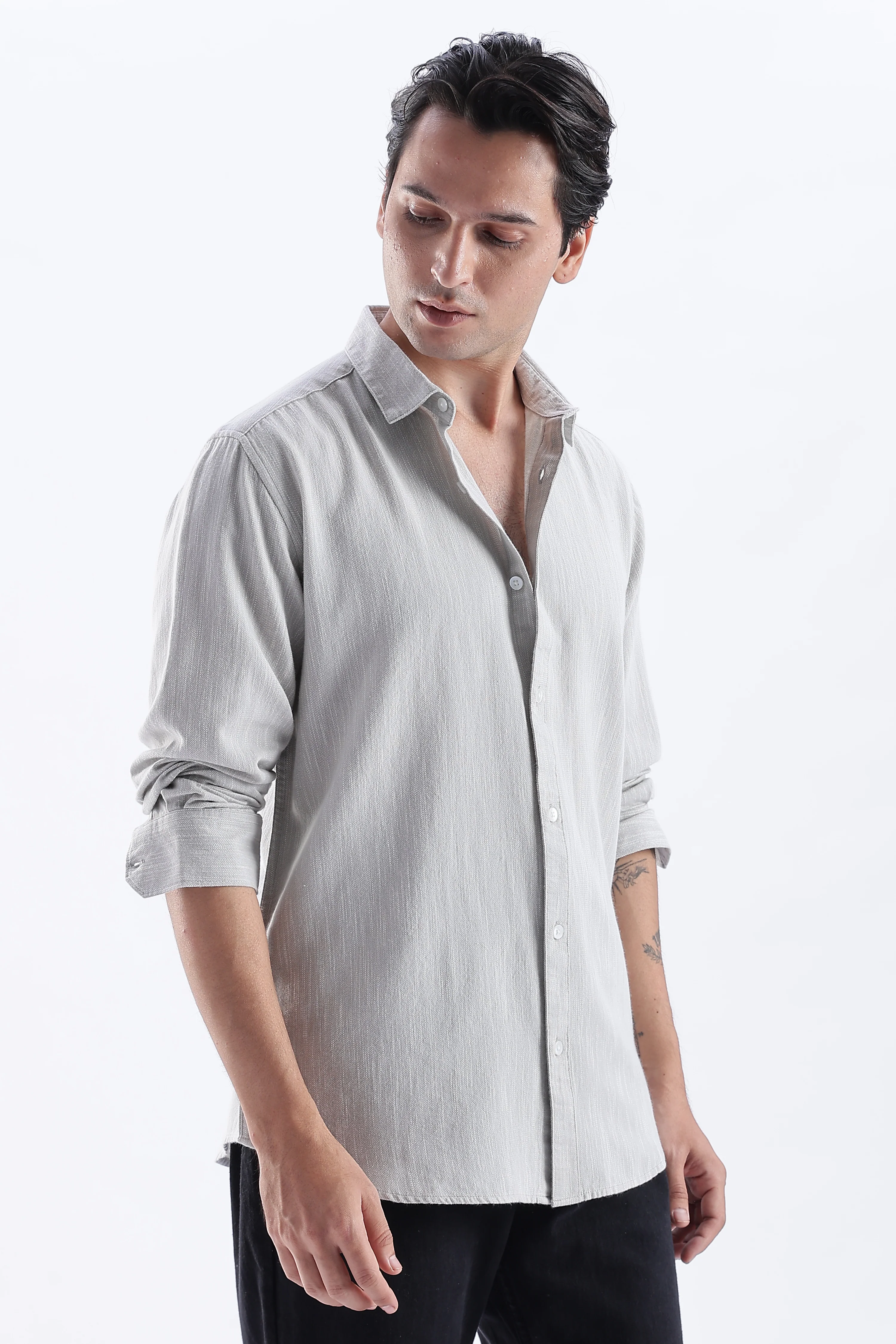 Uri Light Grey Spread Collar Solid Shirt - Image 3