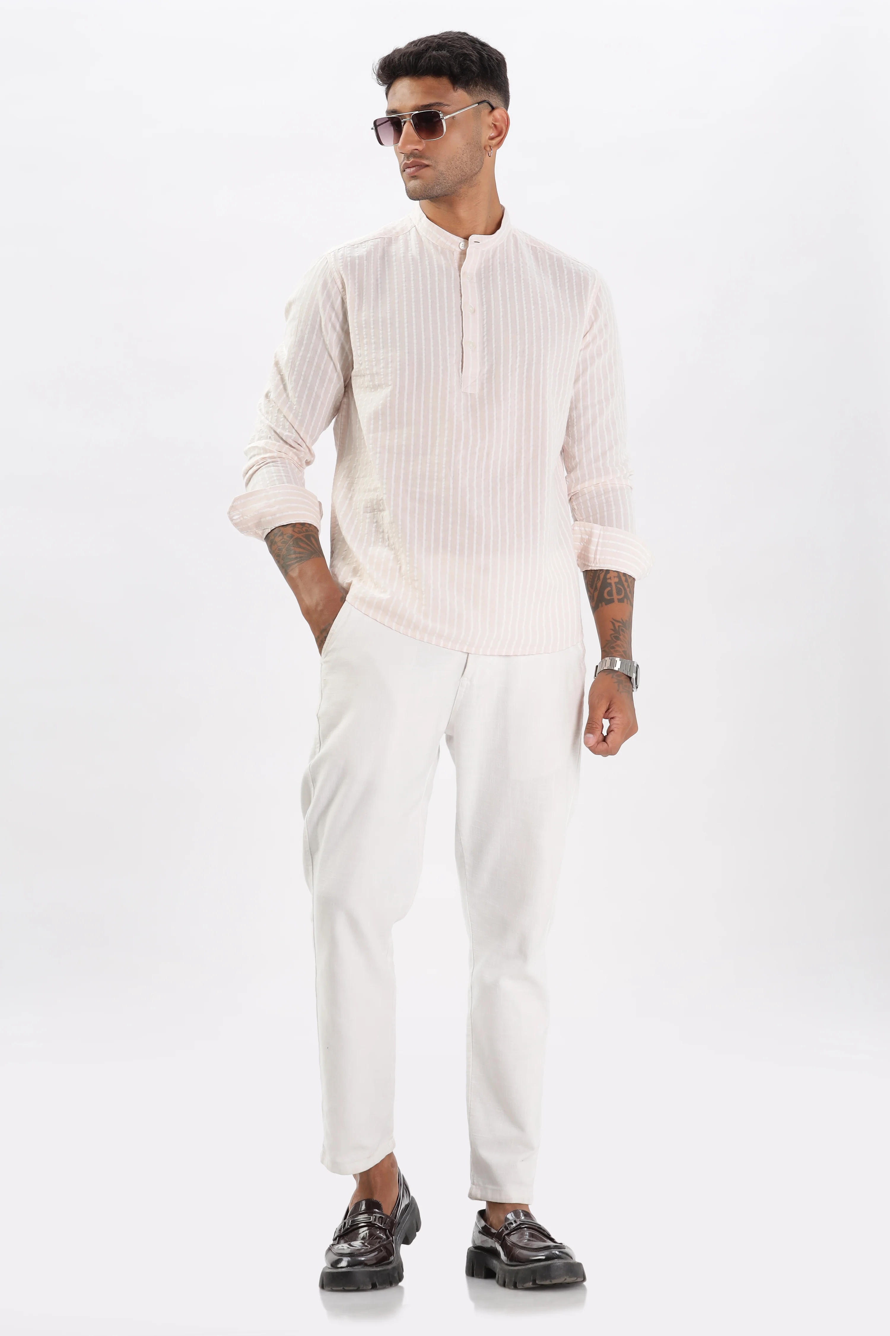 Uri Light Pink Seer Sucker Striped Short Kurta - Image 6