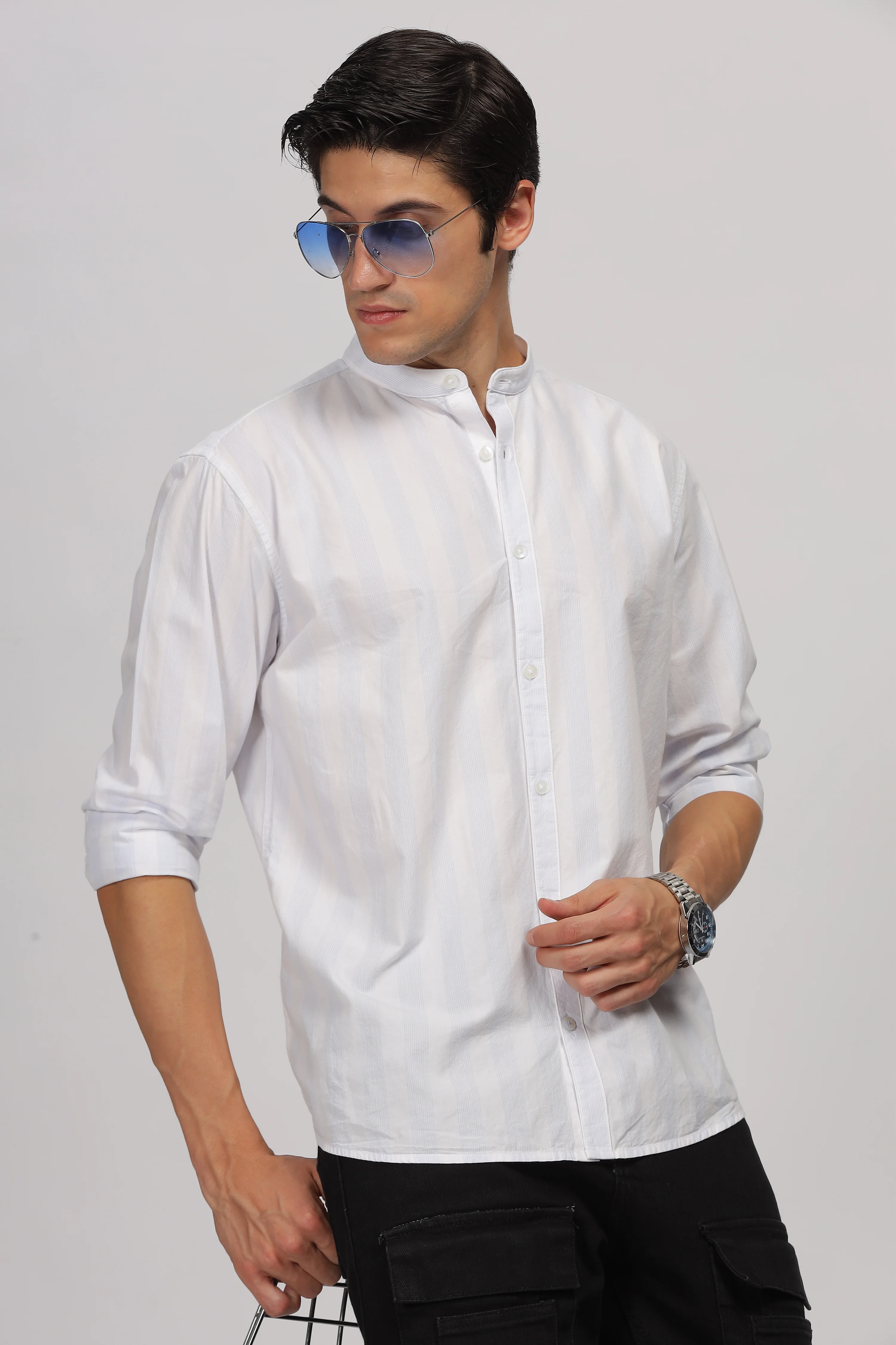 Uri Mandarin Collar Off White Shirt - Image 3