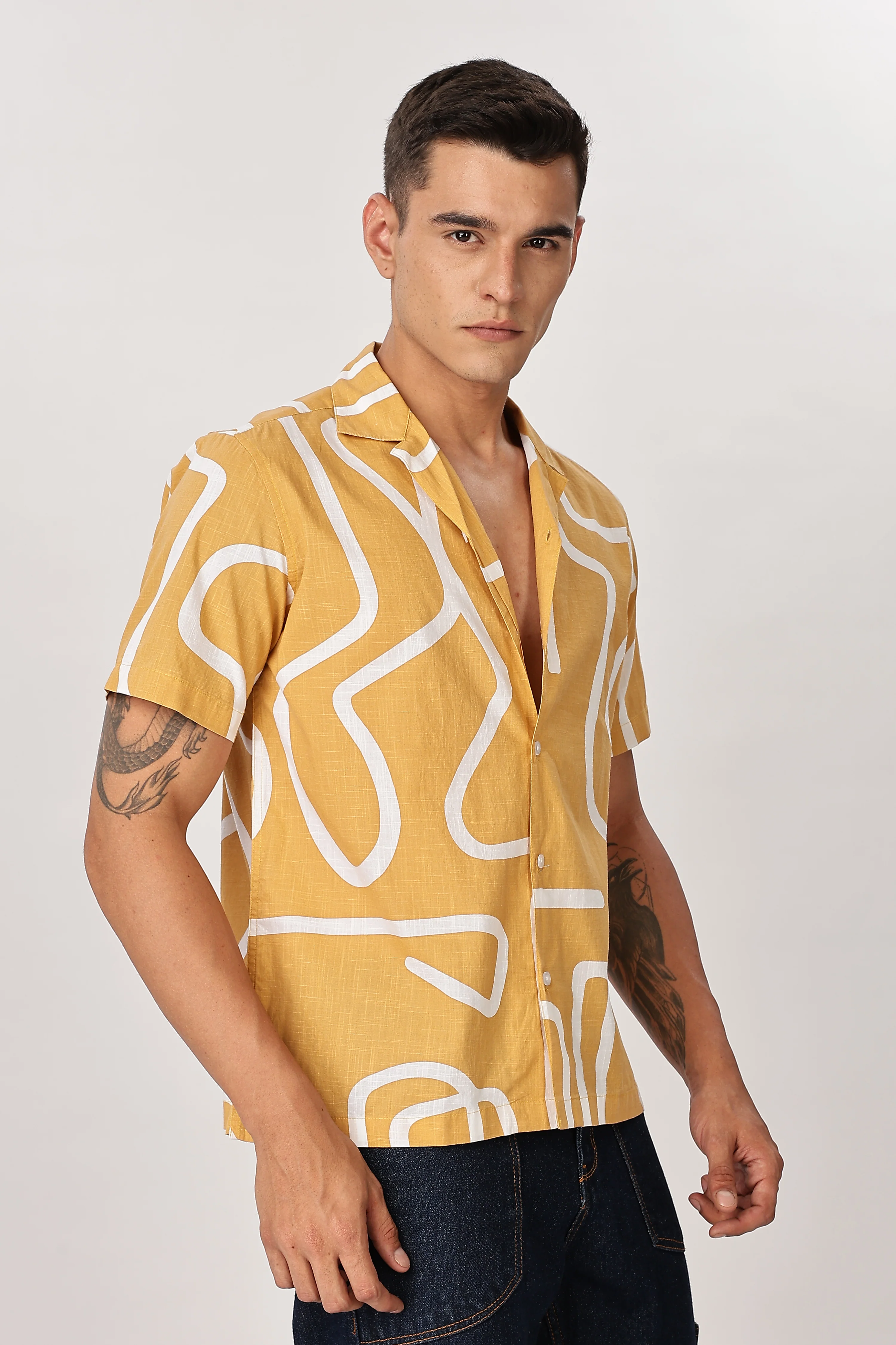 Uri Mustard Abstract Printed Cotton Shirt - Image 3