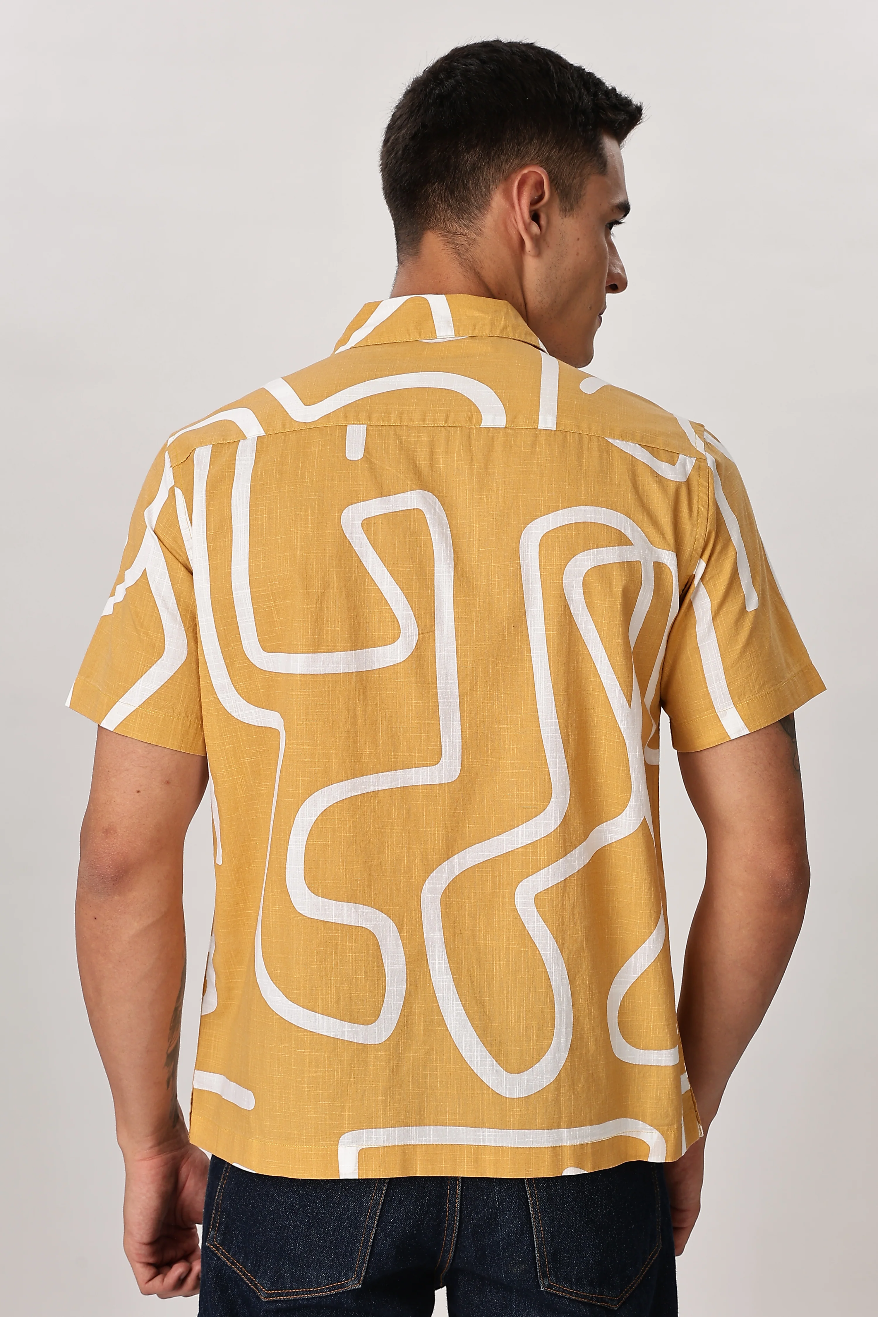 Uri Mustard Abstract Printed Cotton Shirt - Image 4