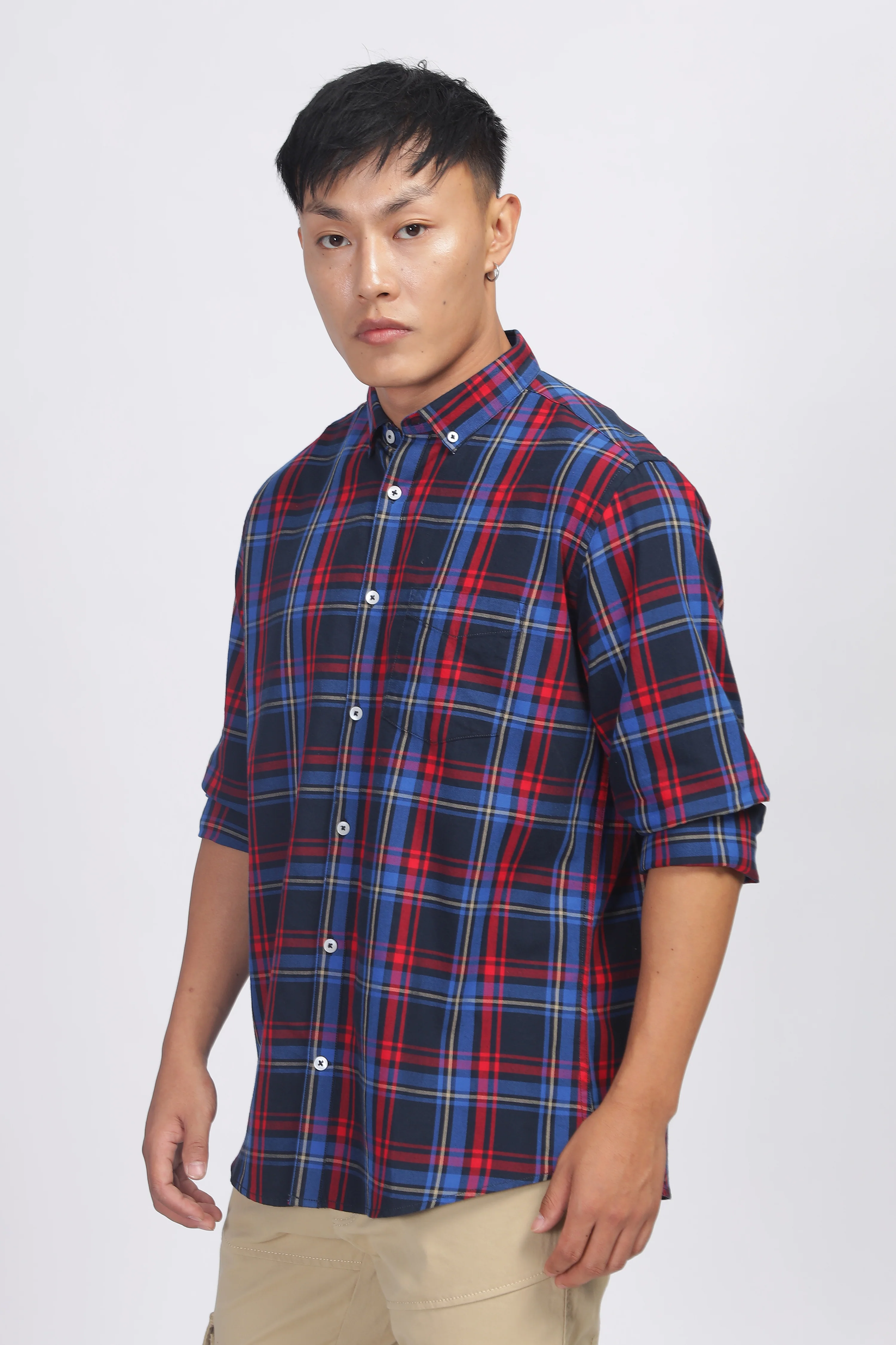 Uri Navy Checked Cotton Casual Shirt - Image 3