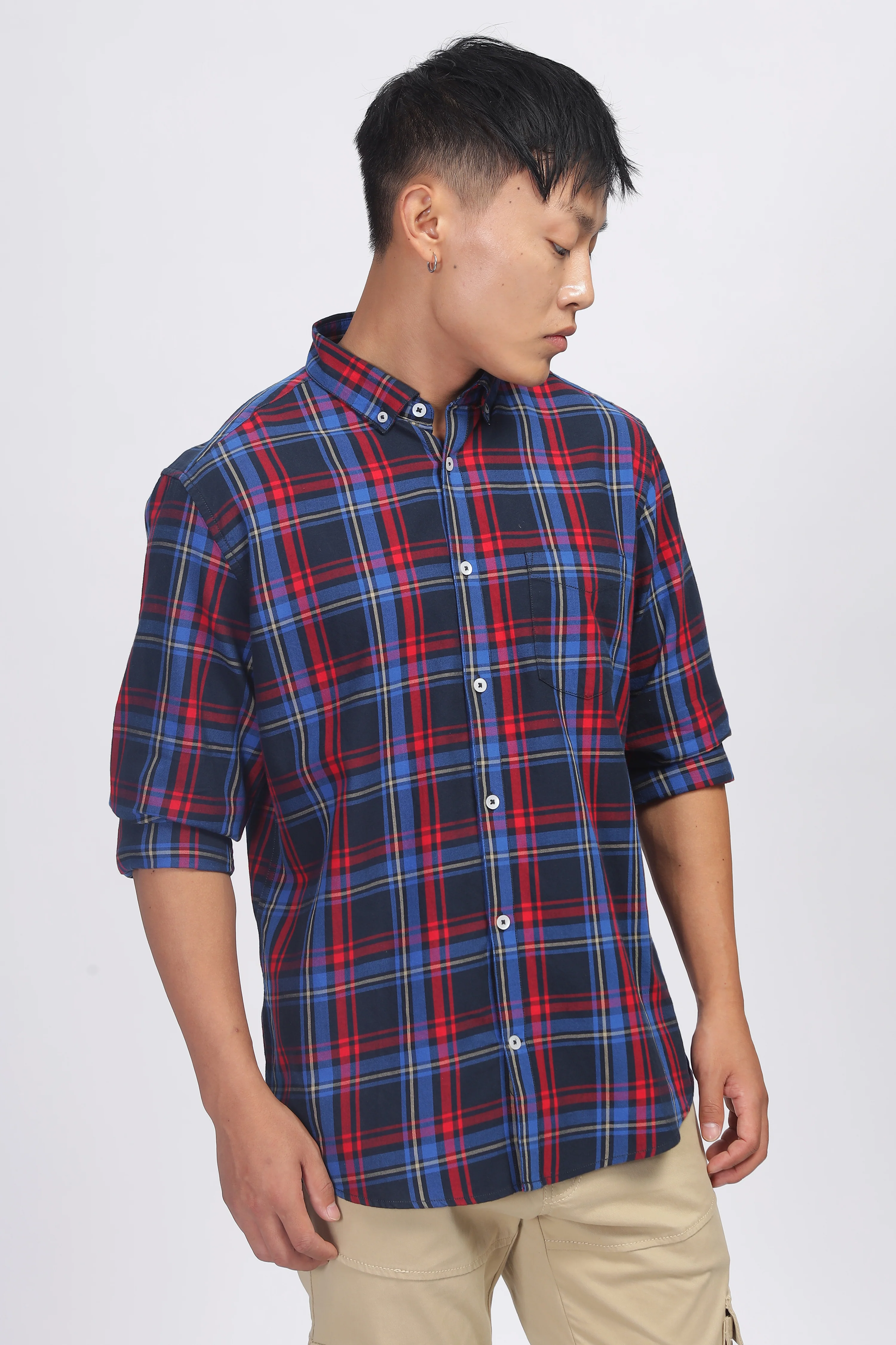 Uri Navy Checked Cotton Casual Shirt - Image 5