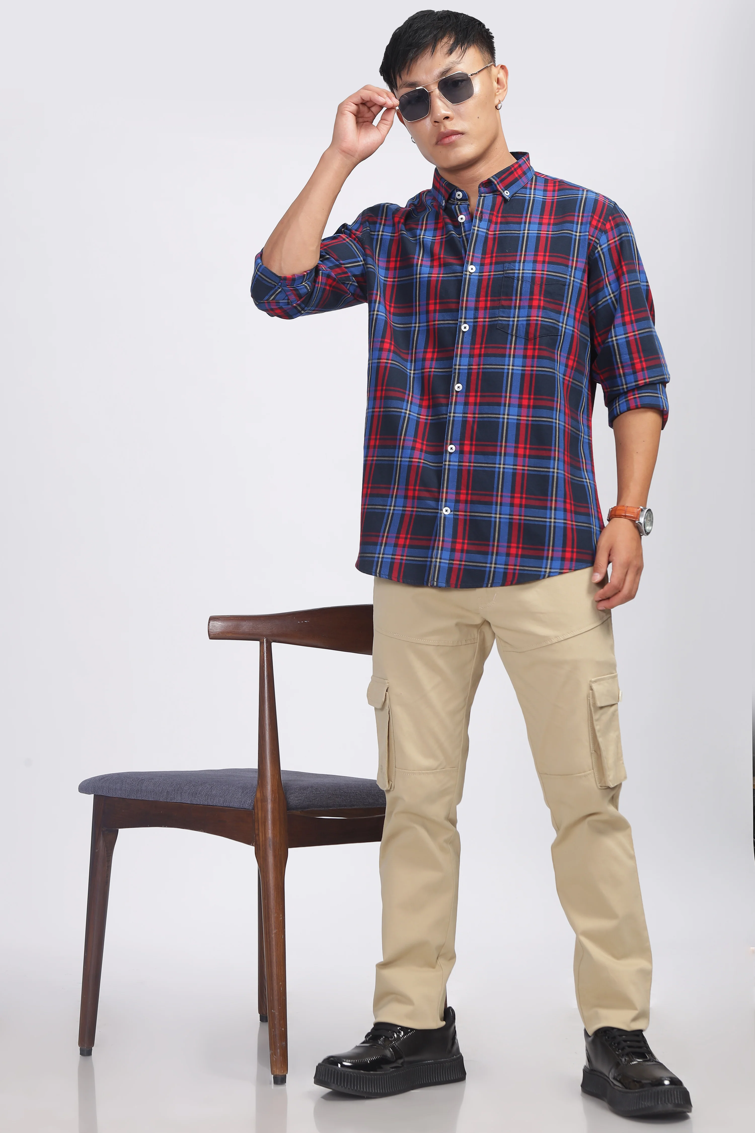 Uri Navy Checked Cotton Casual Shirt - Image 7