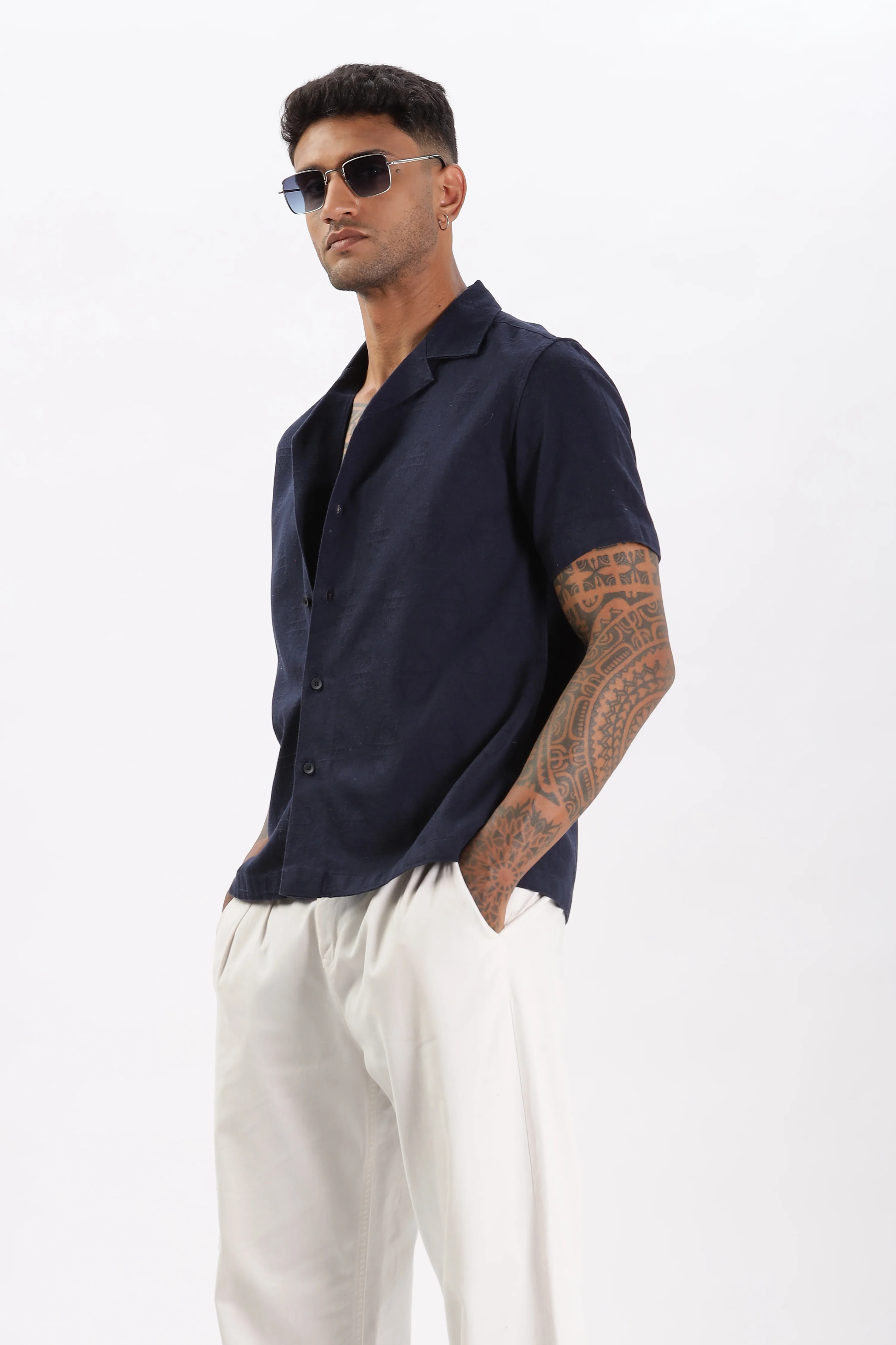 Uri Navy Jacquard Casual Cuban Collar Shirt - Image 3