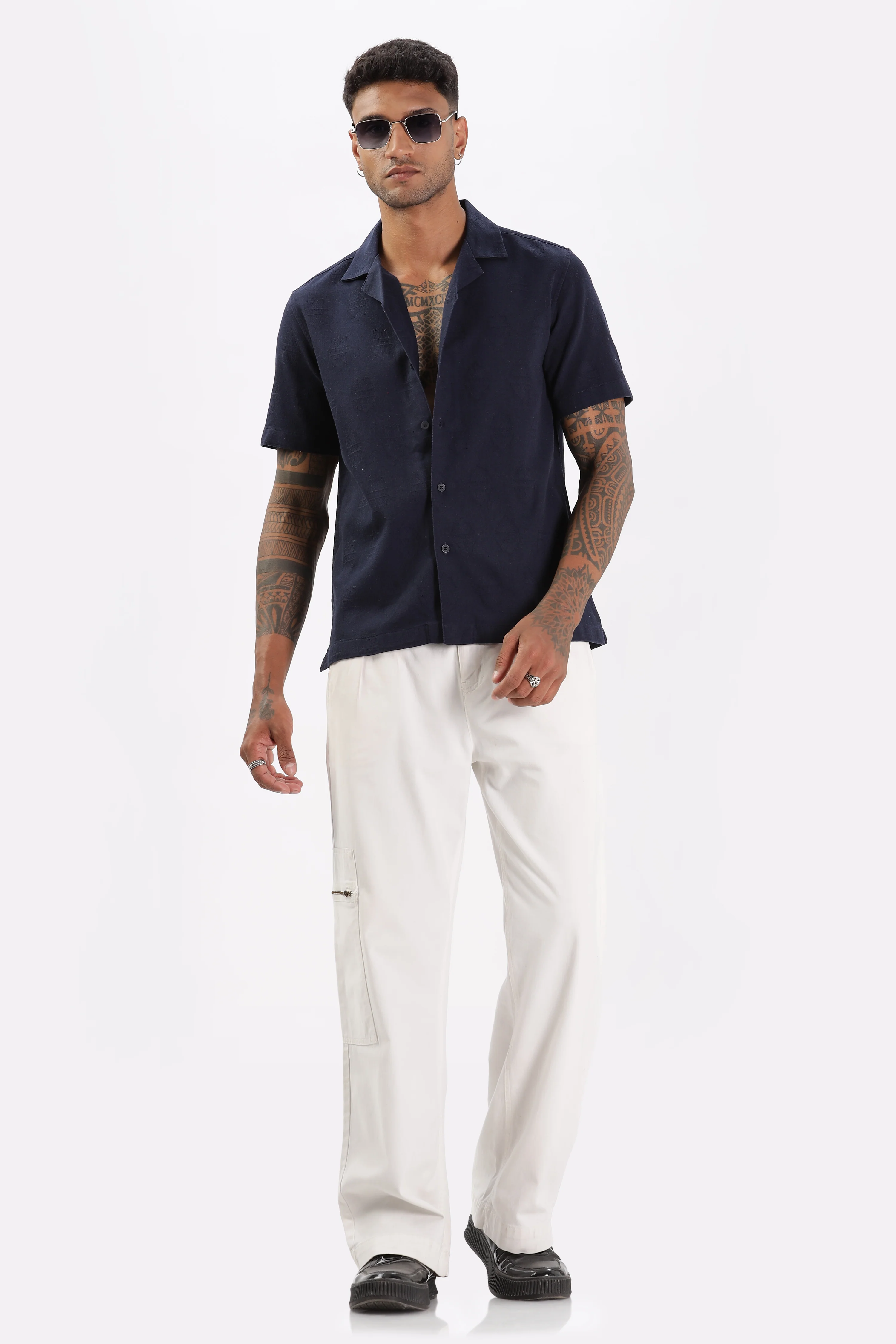Uri Navy Jacquard Casual Cuban Collar Shirt - Image 5