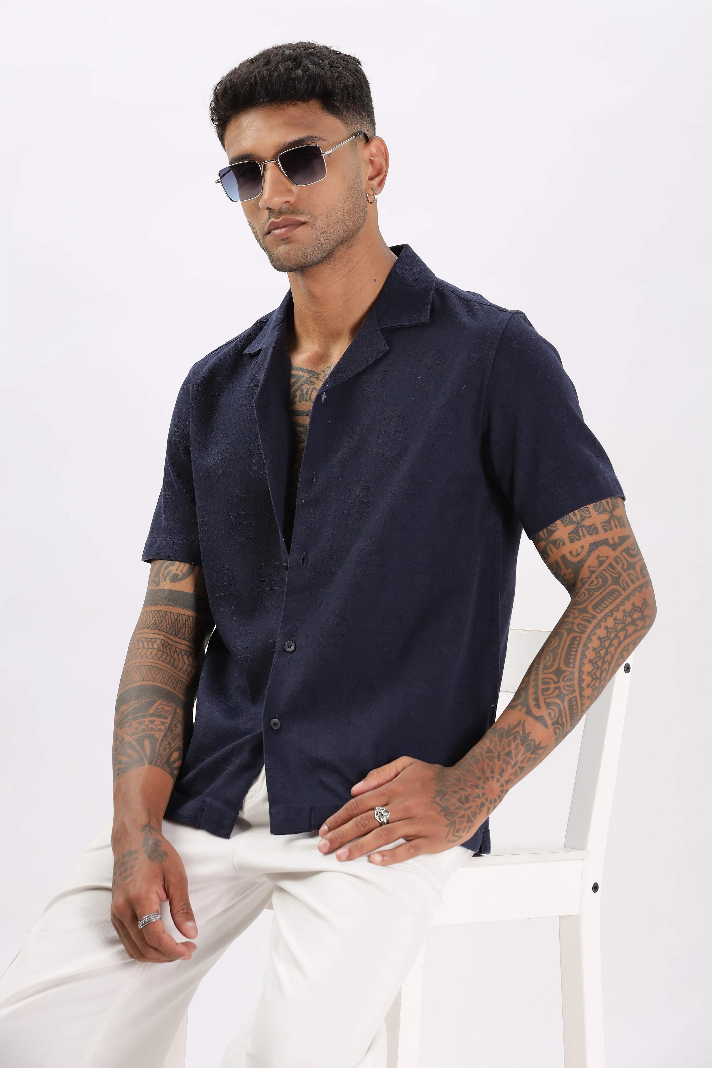 Uri Navy Jacquard Casual Cuban Collar Shirt - Image 6