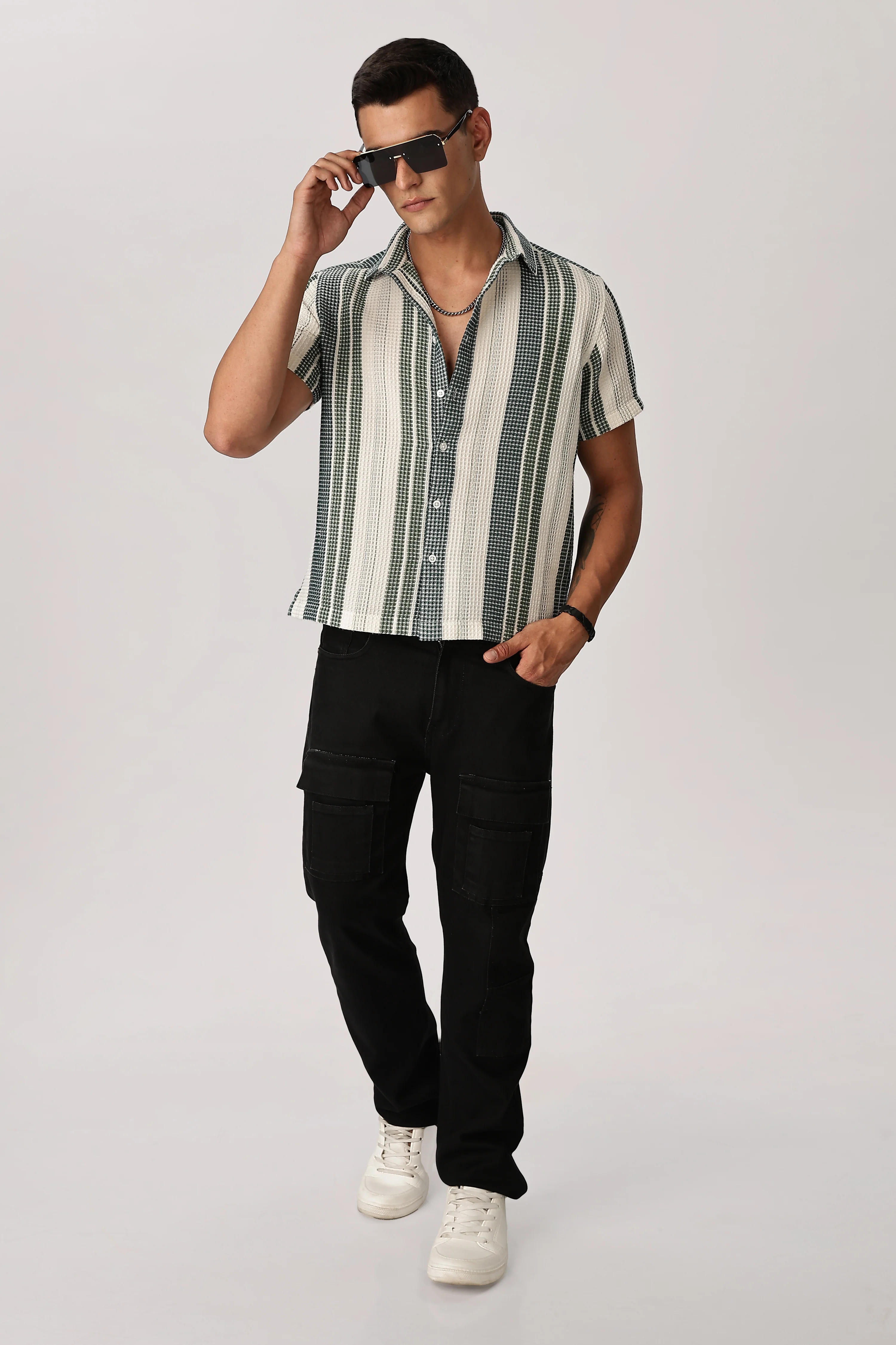 Uri Off White and Green Textured Stripe Shirt - Image 4