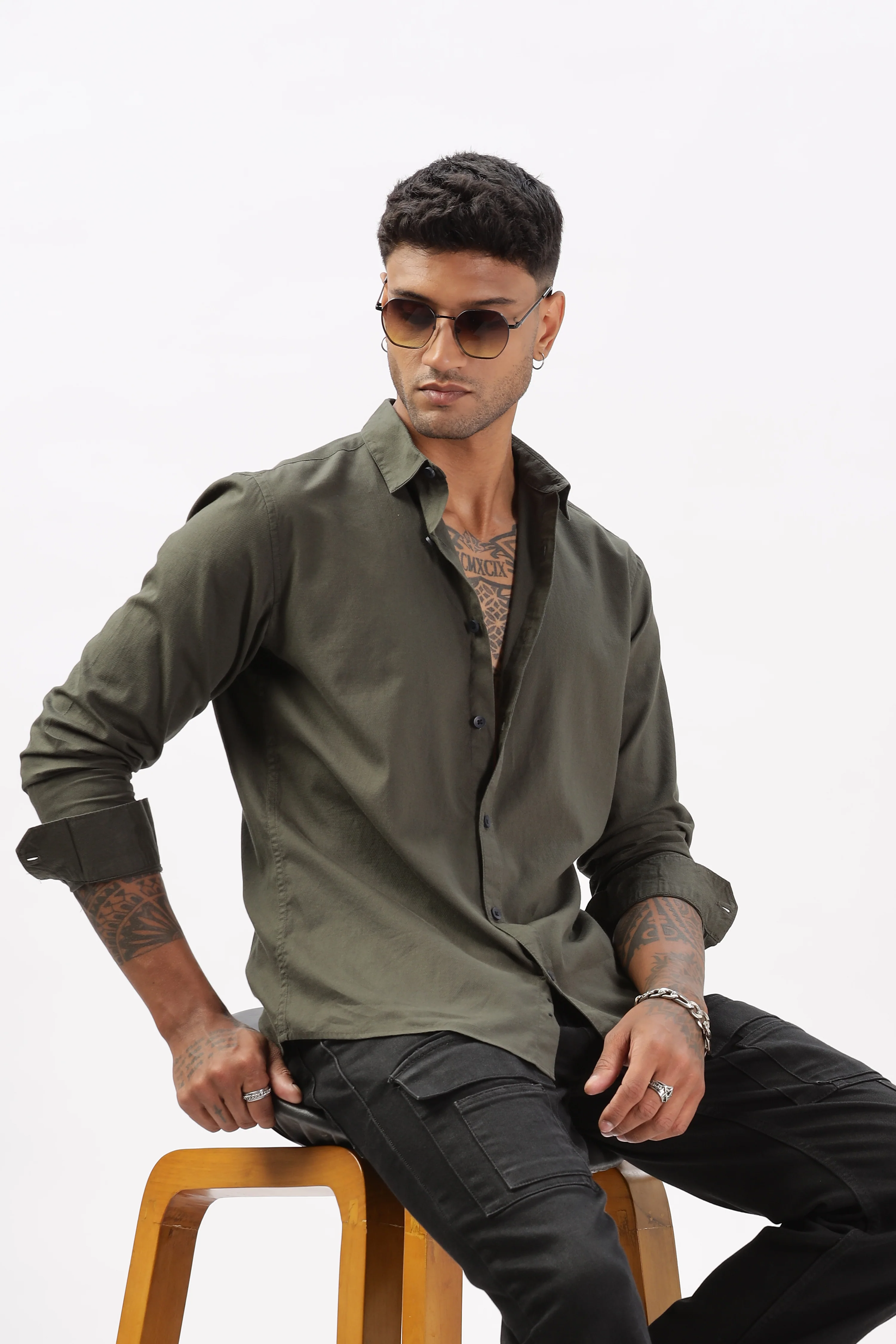 Uri Olive Dobby Textured Casual Shirt - Image 6