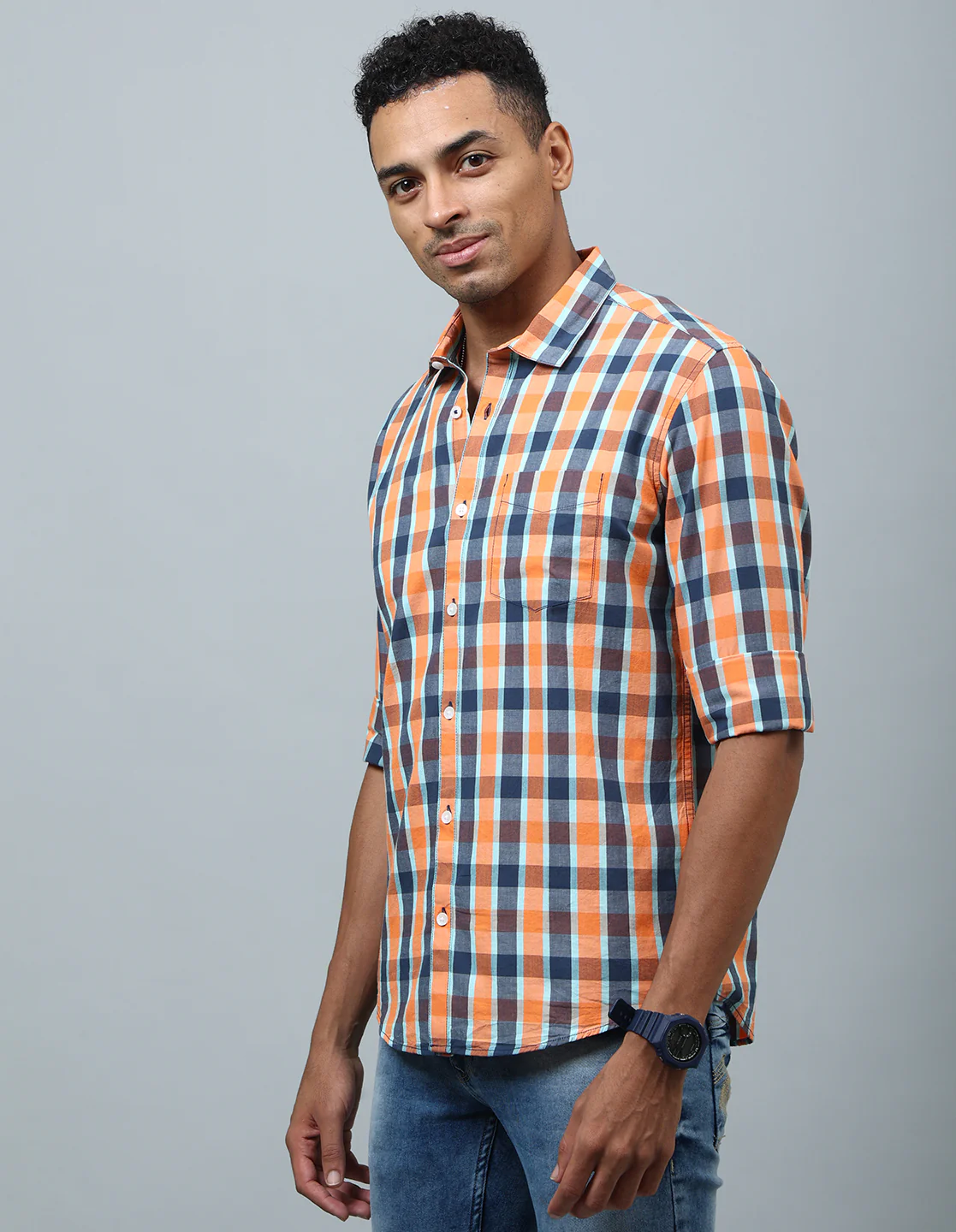Uri Orange Checked Cotton Regular Fit Casual Shirt - Image 3