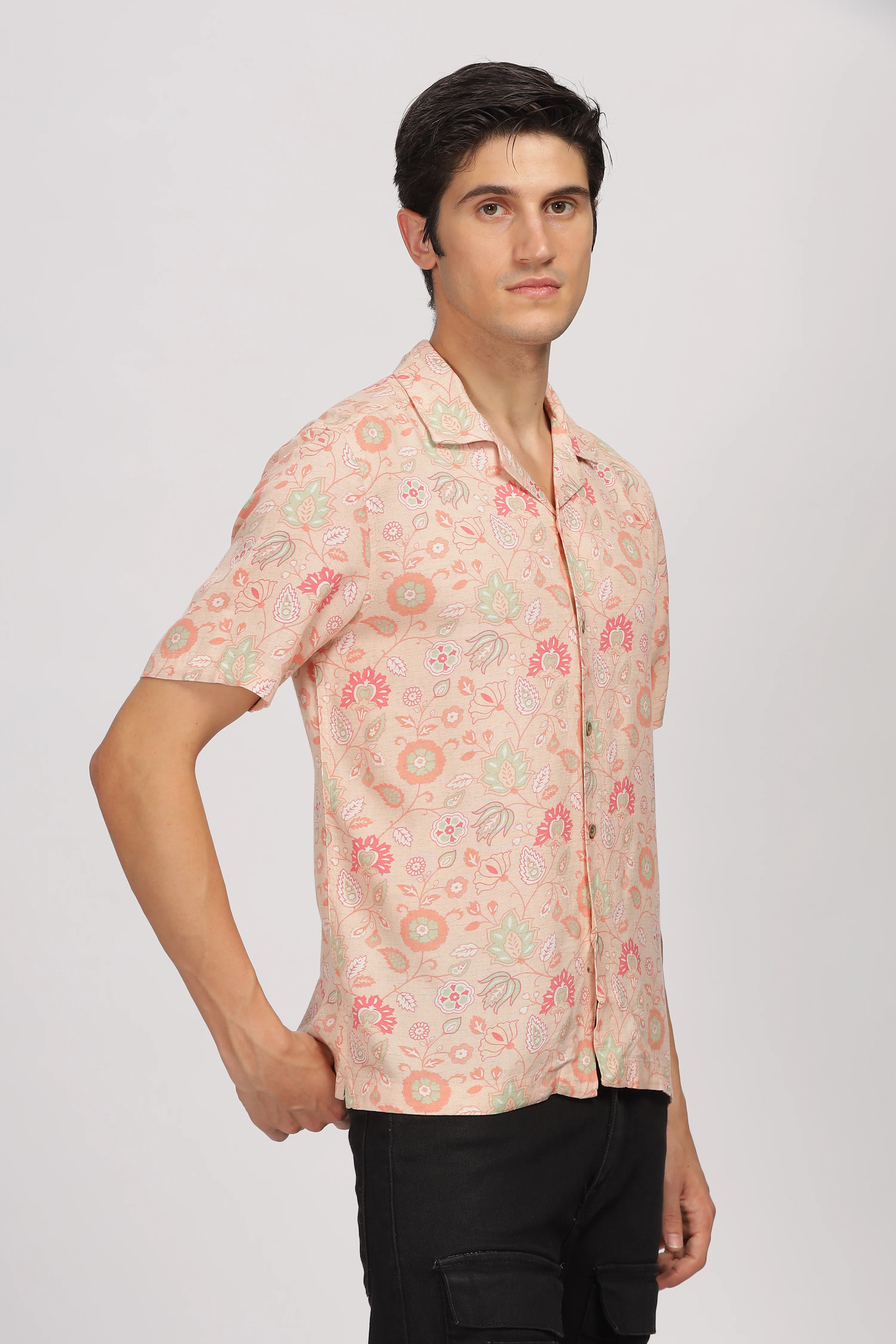 Uri Peach Printed Cuban Collar Shirt - Image 3